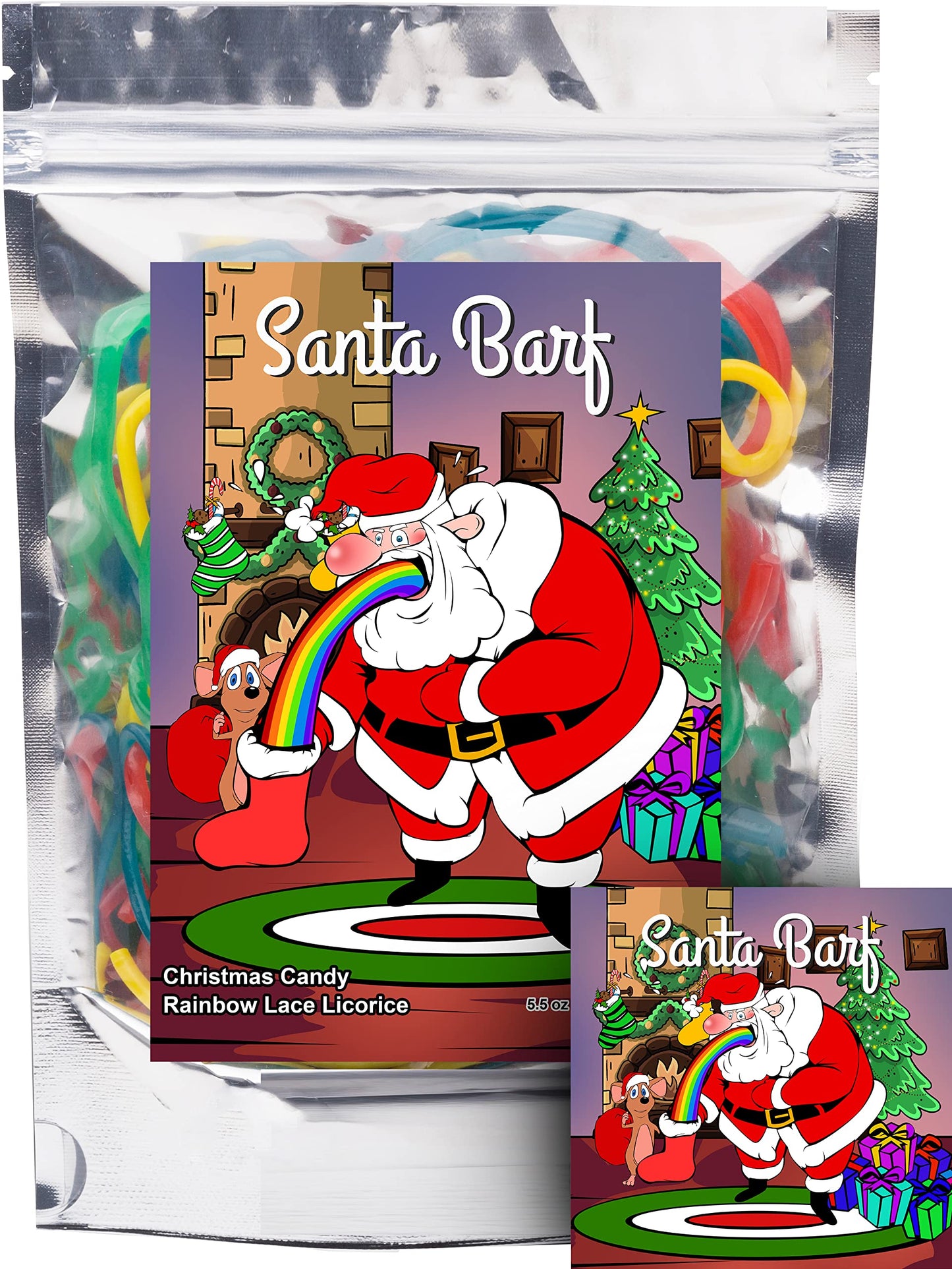 JLDesignMediaLLC Santa Barf Rainbow Lace Licorice Candy Gift, 5.5 oz, Red/Green/Blue/Yellow, Unique Christmas Stocking Stuffer