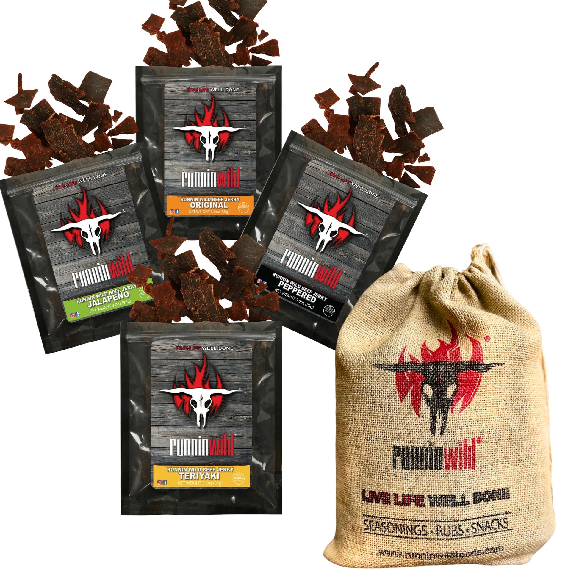 Bold & Flavor-Packed Beef Jerky Variety Pack – 100% Real Beef Sampler With Peppered, Original, Jalapeño & Teriyaki | 4 Jerky Snack Packs In Signature Runnin’ Wild Burlap Bag | Gifts For Men Who Love Meat