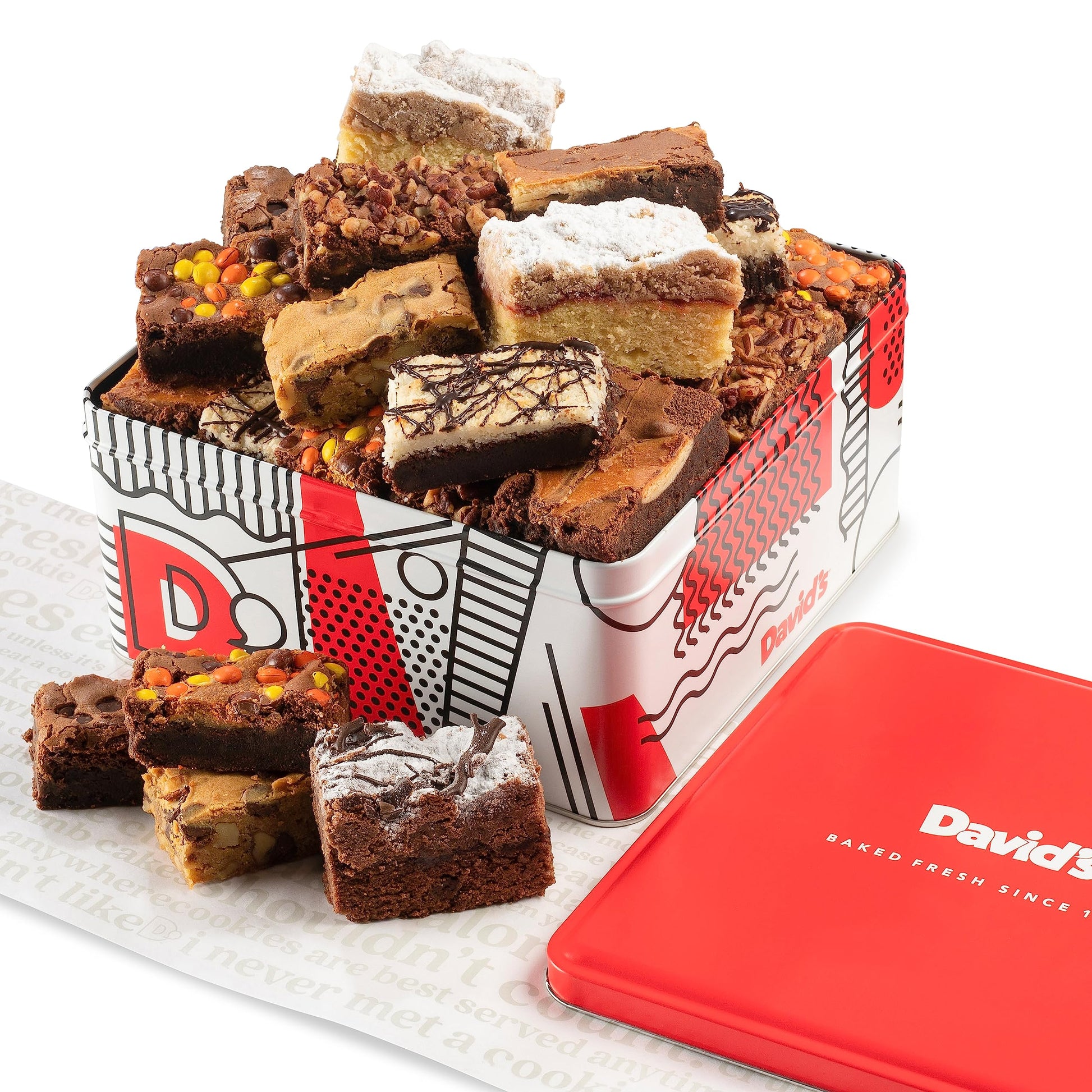 David's Cookies Assorted Brownies & Crumb Cake Gift Tin 3Lbs - Delicious, Fresh Baked Snacks, Gourmet Chocolate Fudge Slices, Br