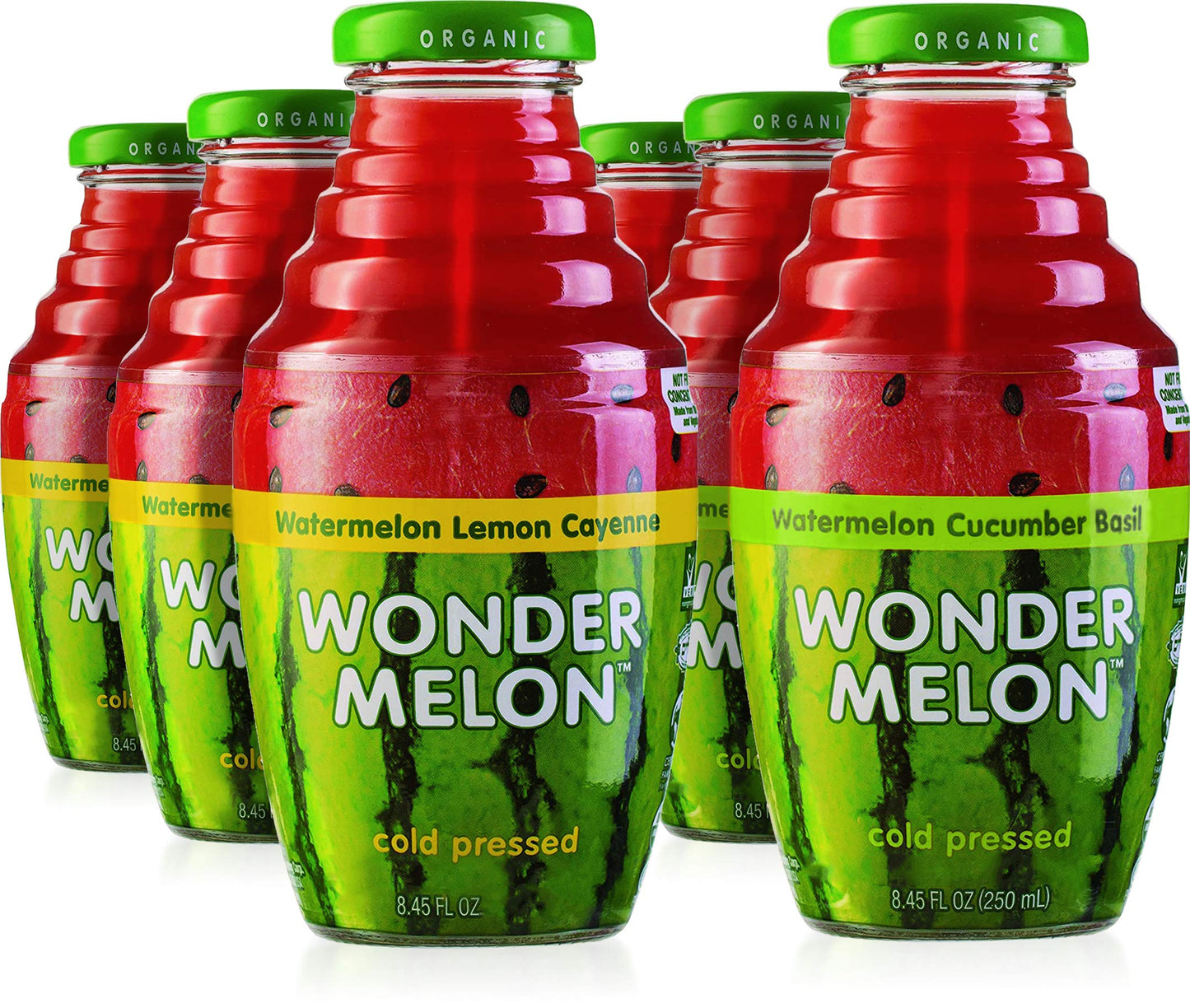 Wonder Melon Organic Watermelon Juice, Cold Pressed, (Variety 6 Pack) 3 Watermelon With Basil Cucumber & 3 Watermelon With Lemon