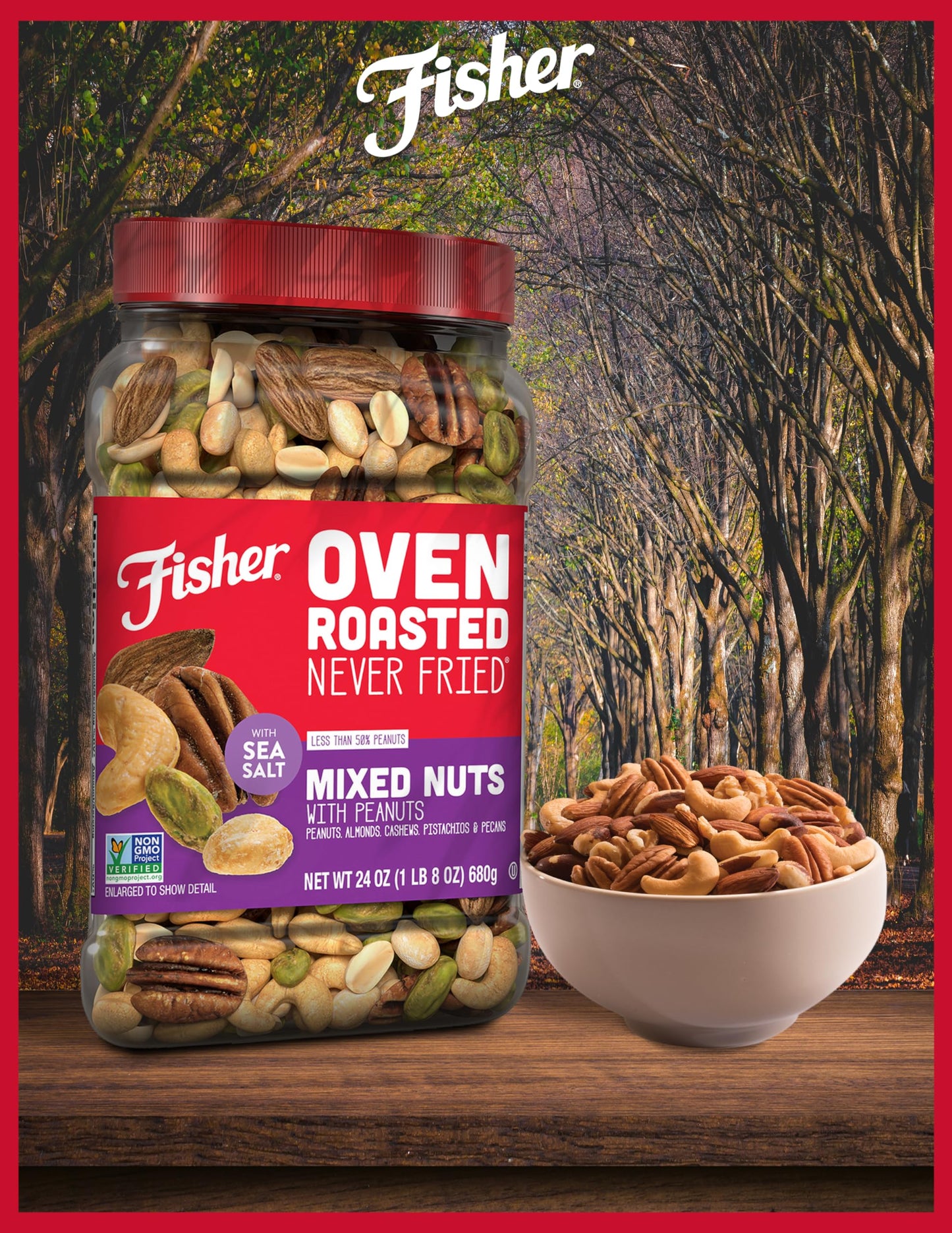 Fisher Mixed Nuts, Oven Roasted, Non-GMO, 24 Ounces, Peanuts, Almonds, Cashews, Pistachios, Pecans, Sea Salt