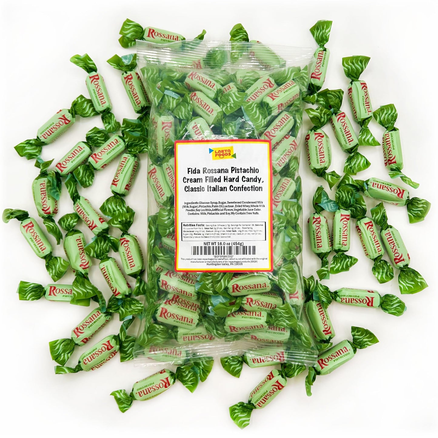 Fida Rossana Pistachio Hard Candy | 1 Pound Bag - About 75 Count | Individually Wrapped Rossana Italian Candy | Rich Pistachio Cream Center | Filled Gourmet Treat