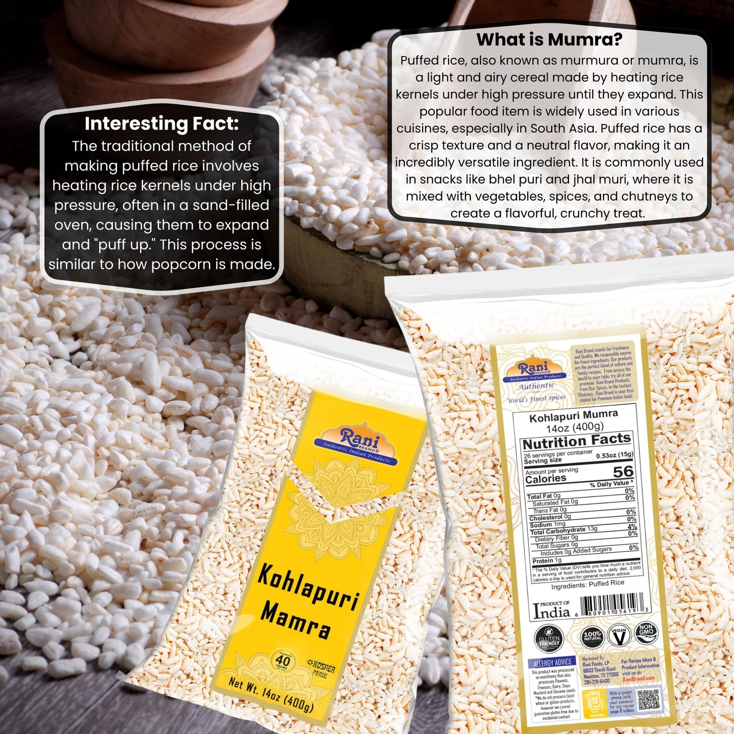 Rani Kohlapuri Mumra (Puffed Rice) 14oz (400g) ~ All Natural | No Color | Gluten Friendly | Vegan | NON-GMO | Kosher | No Salt o