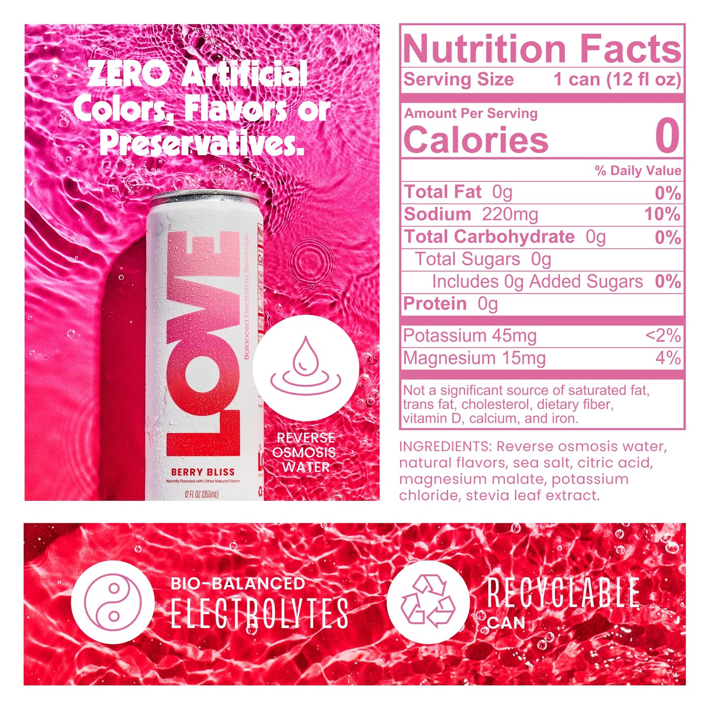 Be LOVE Electrolyte Still Beverage - Flavored Beverage for Daily Hydration  Exercise  Work & Wellness - Magnesium  Potassium & Sodium - Zero Sugar  Gluten Free (Berry Bliss  12oz x 12ct)
