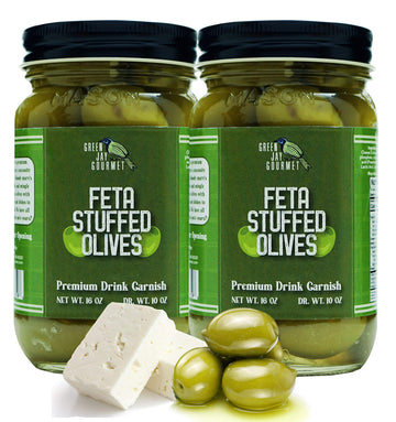 Green Jay Gourmet Feta Cheese Stuffed Olives - Cheese Stuffed Green Olives For Mixed Flavor Garnish & Cheese Board - Dirty Beverage-Style Olives - Gourmet Olives - All Natural - Large - 2 X 16 Ounces