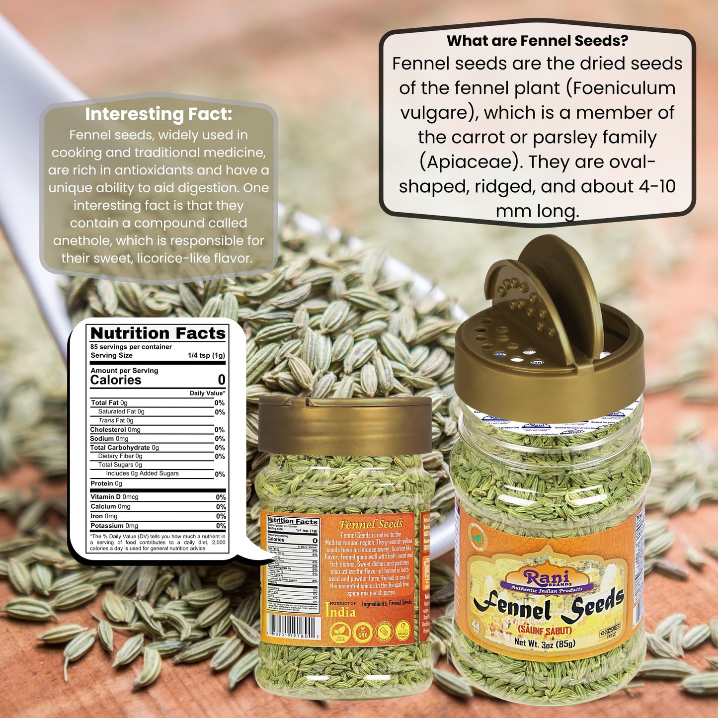 Rani Fennel Seeds (Saunf Sabut) Whole Spice 3Oz (85G) Pet Jar All Natural Gluten Friendly Non-Gmo Vegan Indian Origin