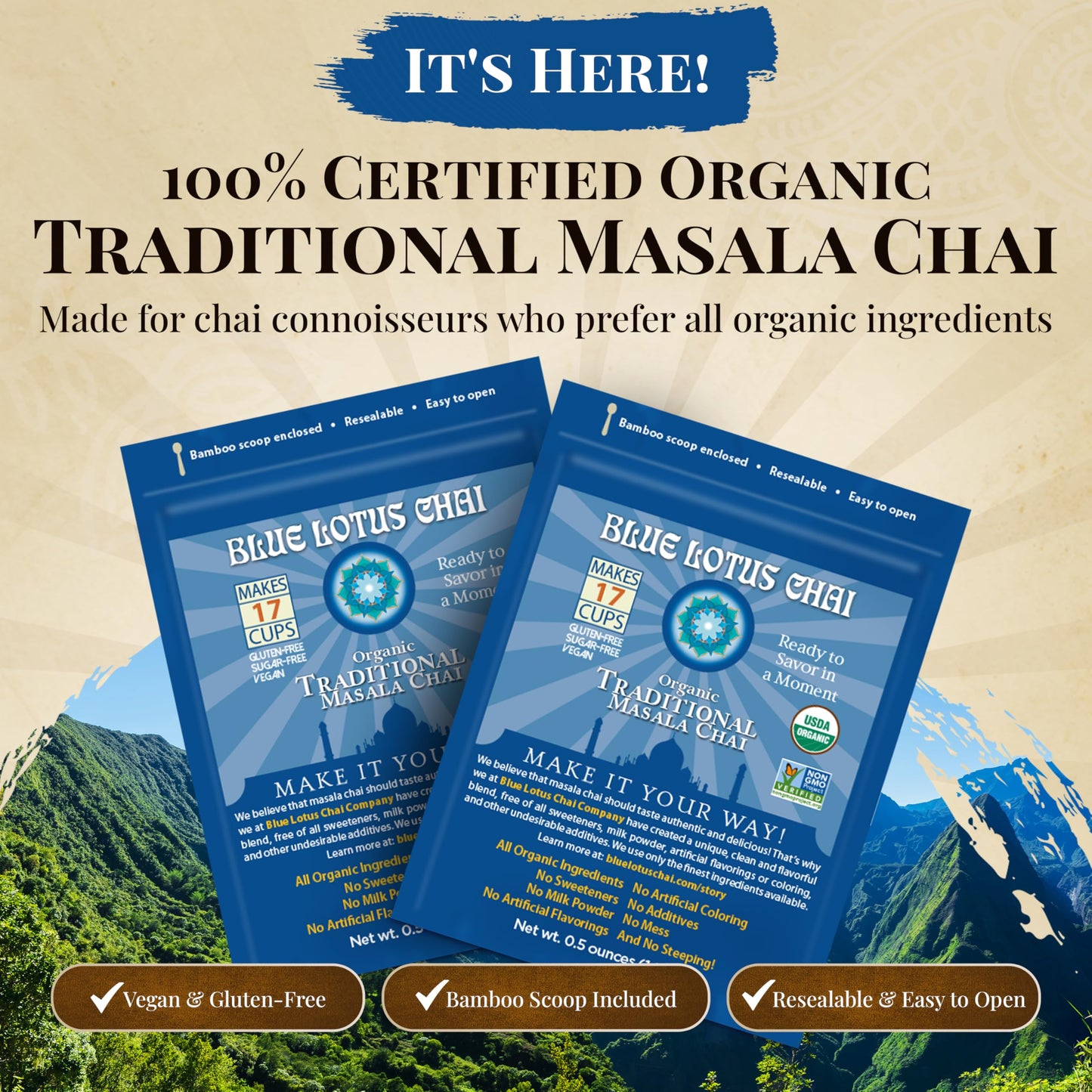 Blue Lotus Chai Tea - Fully Organic Traditional Masala Chai - Makes 17 Cups - 0.5 Ounce Masala Spiced Chai Powder With Organic S