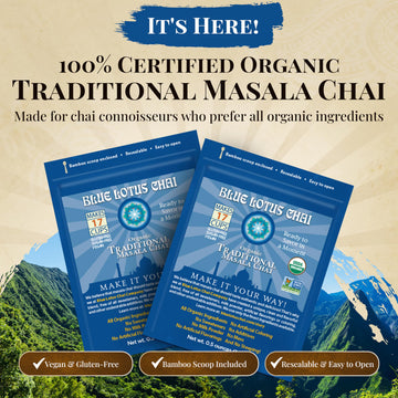 Blue Lotus Chai Tea - Fully Organic Traditional Masala Chai - Makes 17 Cups - 0.5 Ounce Masala Spiced Chai Powder With Organic S