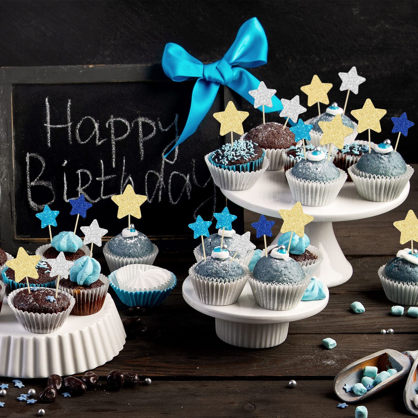 Gyufise 42Pcs Star Cupcake Toppers Gold Silver Blue Glitter Mixed Size Twinkle Little Star Cupcake Picks Decorations For Wedding
