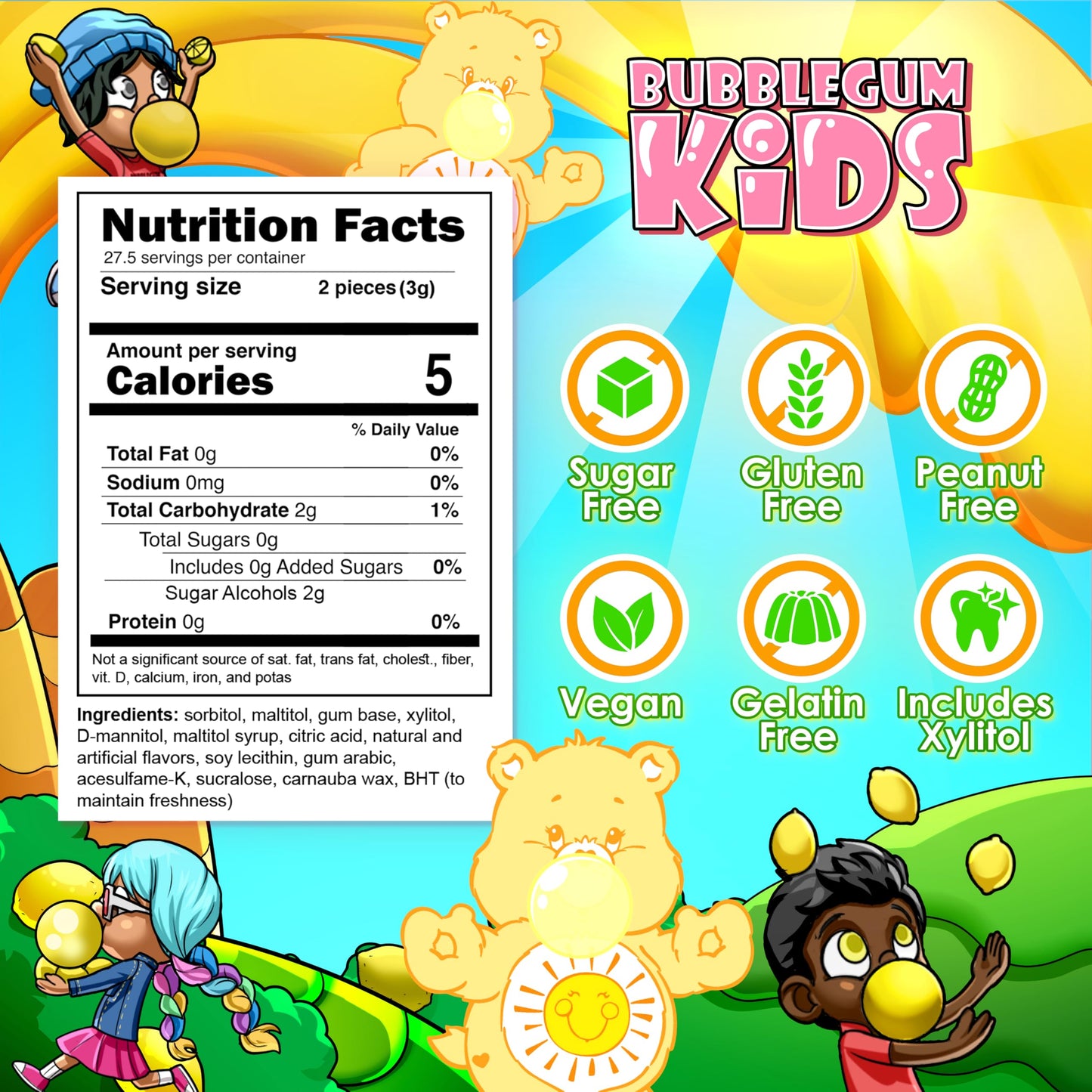 Bubblegum Kids Sugar Free Gum - For Kids And Adults - Care Bears Xylitol Chewing Gum Sugar-Free - Aspartame Free, Vegan Friendly