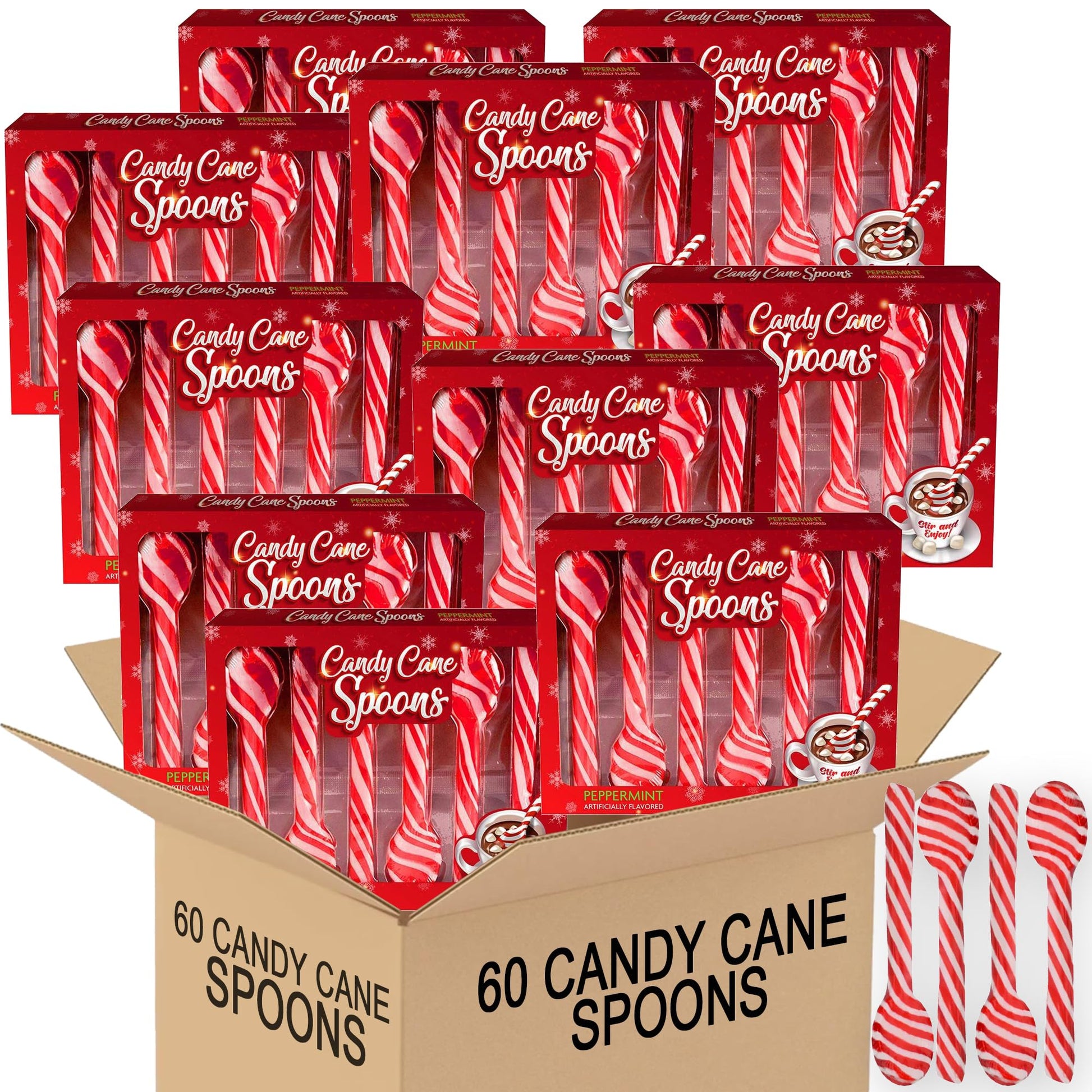 Candy Cane Spoon Peppermint Edible Stirring Stick 60 Pack | Individually Packed Stirs Hot Chocolate Cocoa Coffee Tea - Holiday Gift Christmas Stocking Stuffer Party Favor