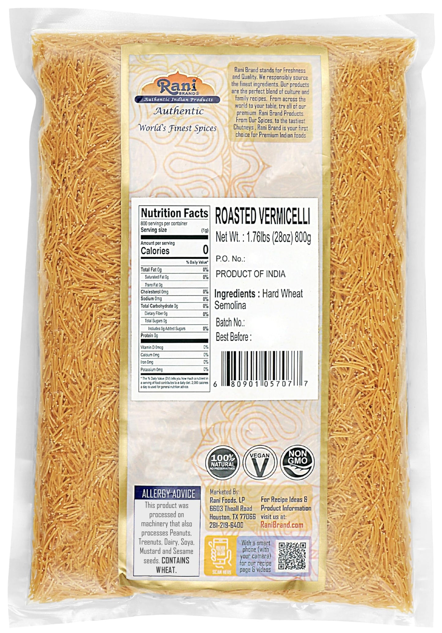 Rani Roasted Vermicelli (Roasted Wheat Noodles) 28Oz (1.75Lbs) 800G ~ All Natural | Vegan | Non-Gmo | Indian Origin