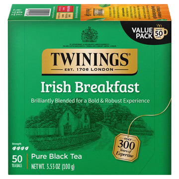 Twinings Irish Breakfast Individually Wrapped Bags, 50 Count (Pack Of 6), Flavourful, Bold, Robust, Caffeinated, Enjoy Hot Or Iced | Packaging May Vary