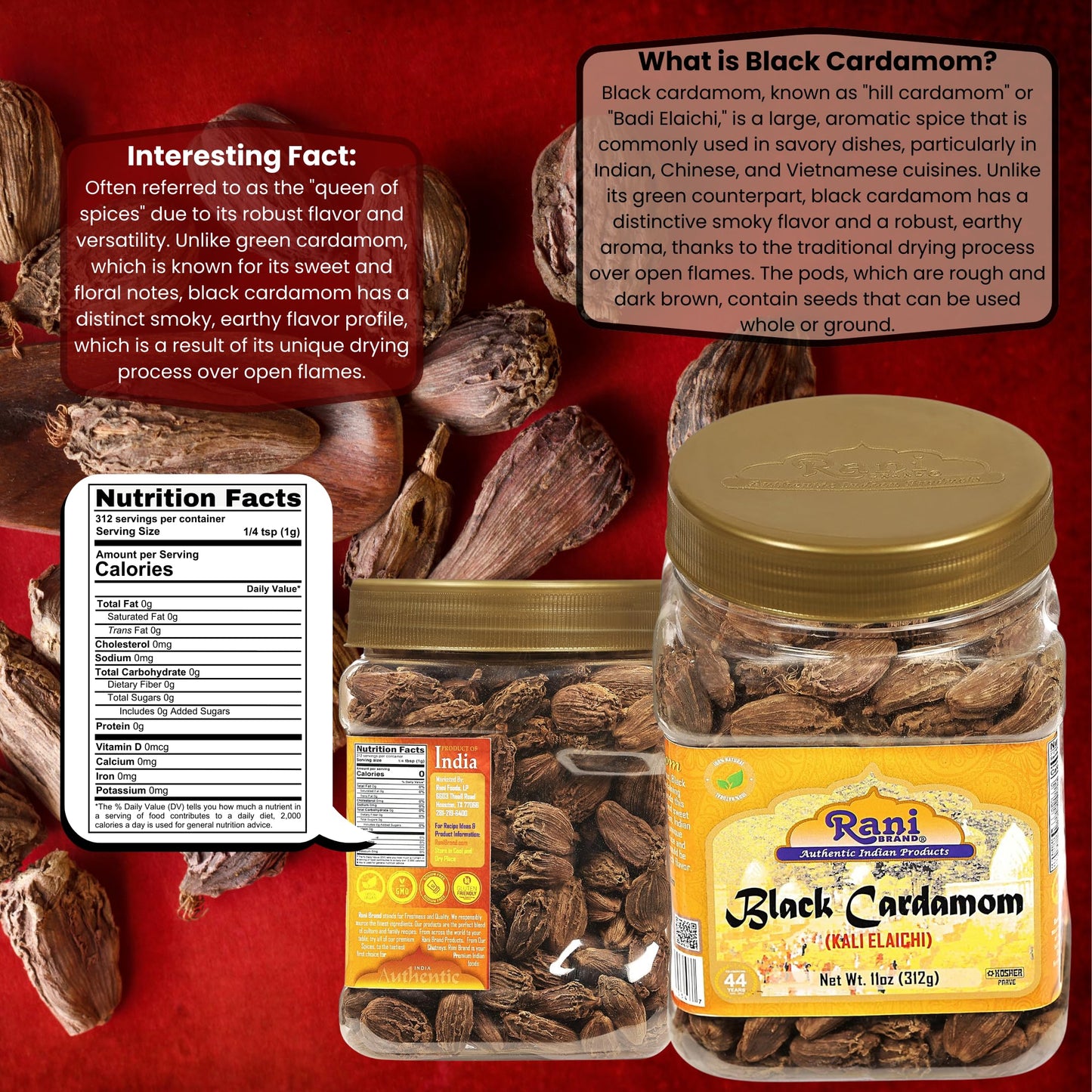 Rani Black Cardamom Pods (Kali Elachi) Whole Indian Spice 11Oz (312G) Pet Jar ~ All Natural | Vegan | Gluten Friendly | Non-Gmo | Indian Origin ~ Smokey | Tsaoko | Cao Guo | Bach Dan Khau | Badi