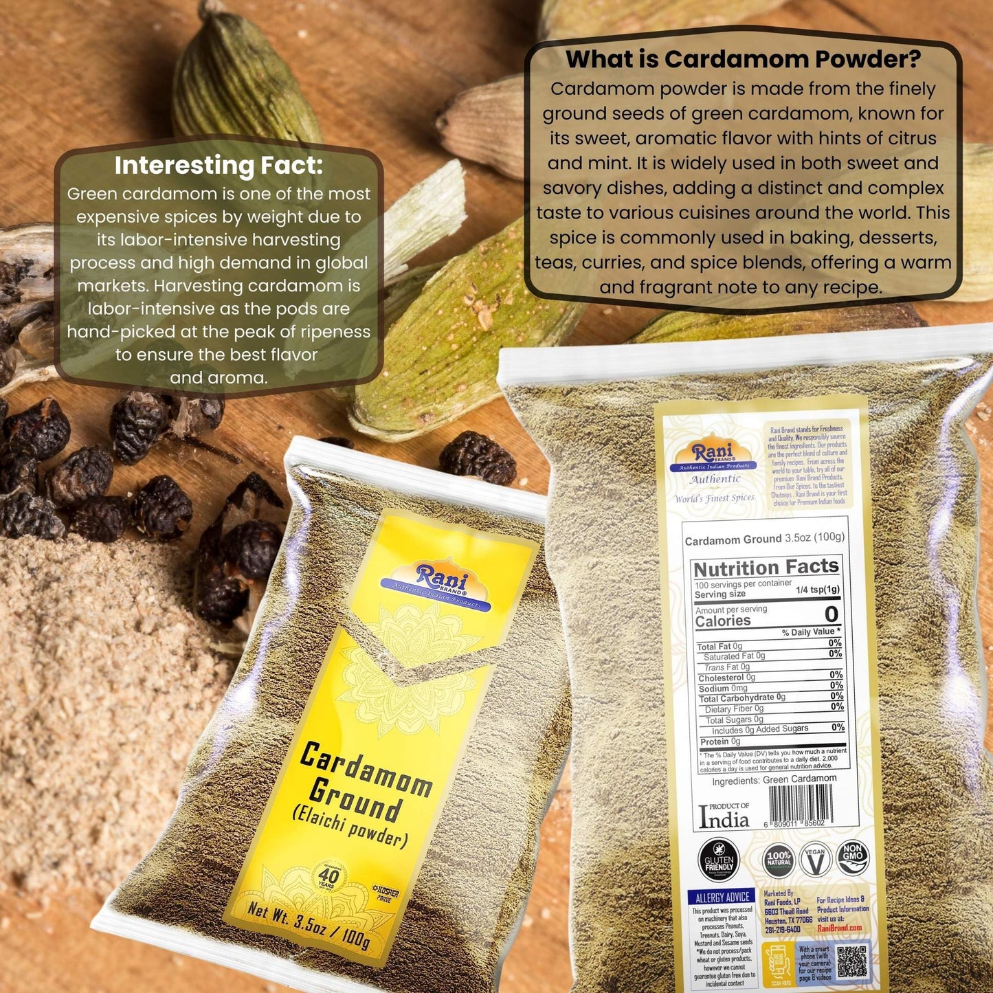 Rani Cardamom (Elachi) Ground, Powder Indian Spice 3.5oz (100g) ~ All Natural | No Color Added | Gluten Friendly | Vegan | NON-G