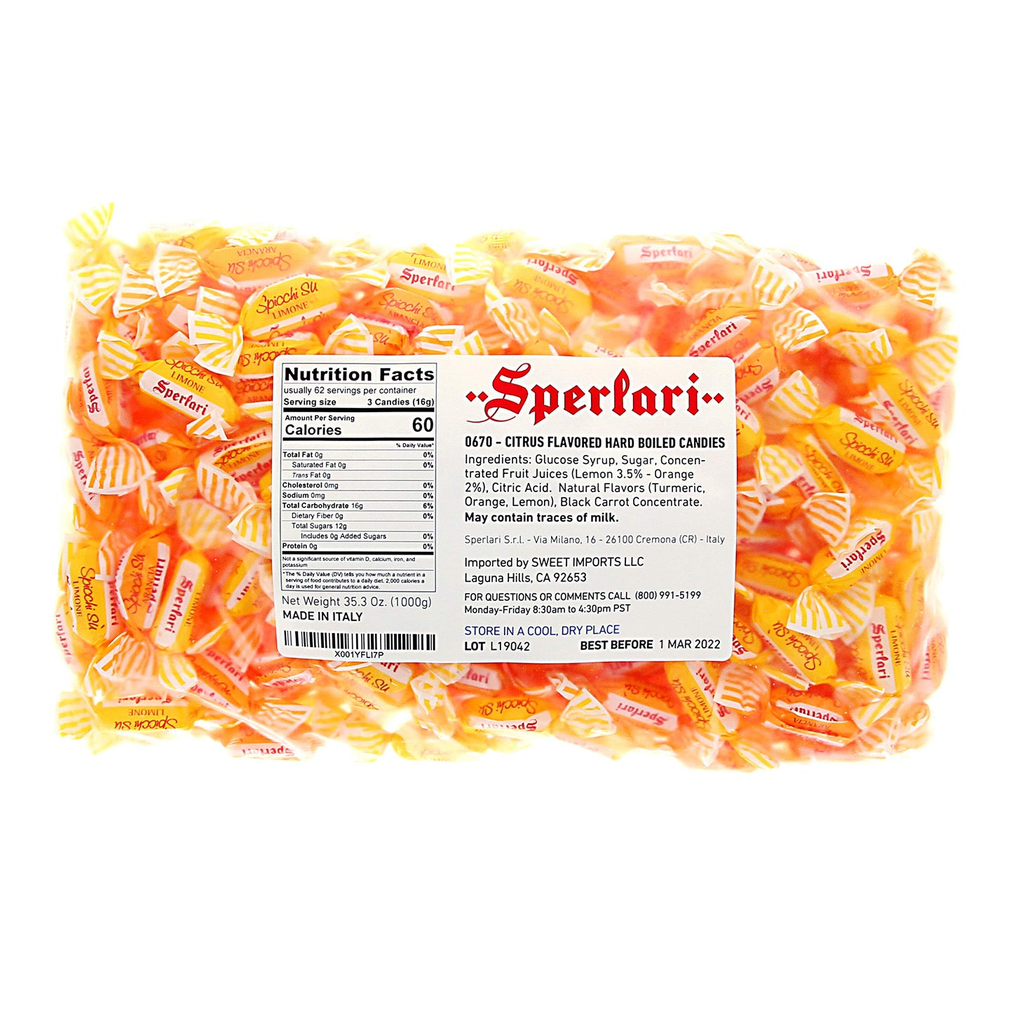 Sperlari Citrus Orange & Lemon Hard Candy, 1 Kg Bulk Bag, Individually Wrapped, Italian Sweets, Orange
