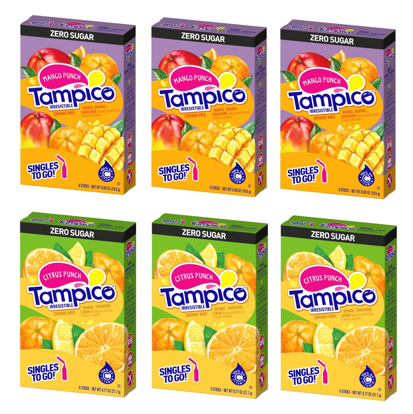 SINGLES TO GO! Powdered Drink Mix Variety Pack - 6 Singles - 3 Mango Punch & 3 Citrus Punch - 0.73 Ounce Each
