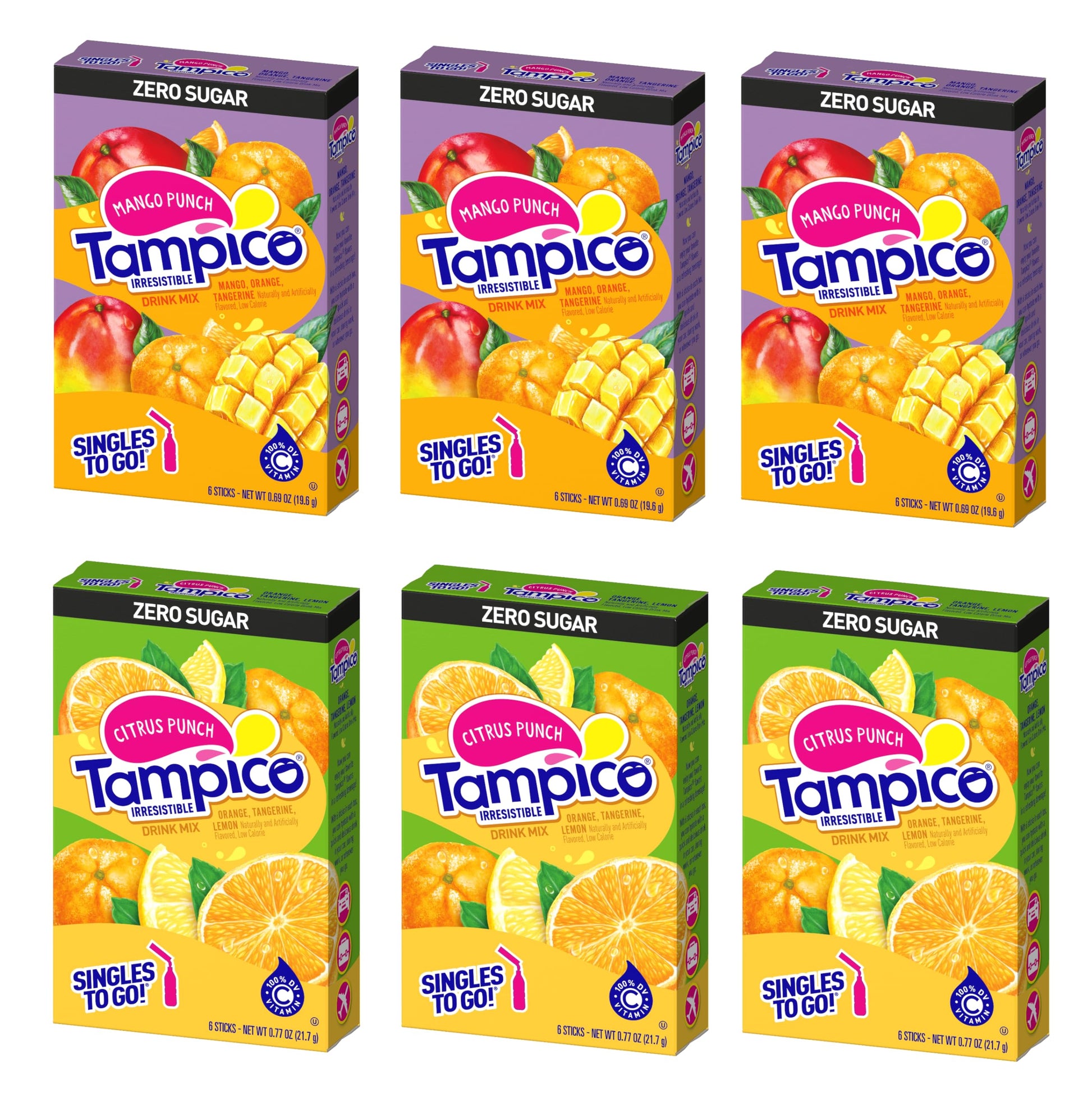 SINGLES TO GO! Powdered Drink Mix Variety Pack - 6 Singles - 3 Mango Punch & 3 Citrus Punch - 0.73 Ounce Each