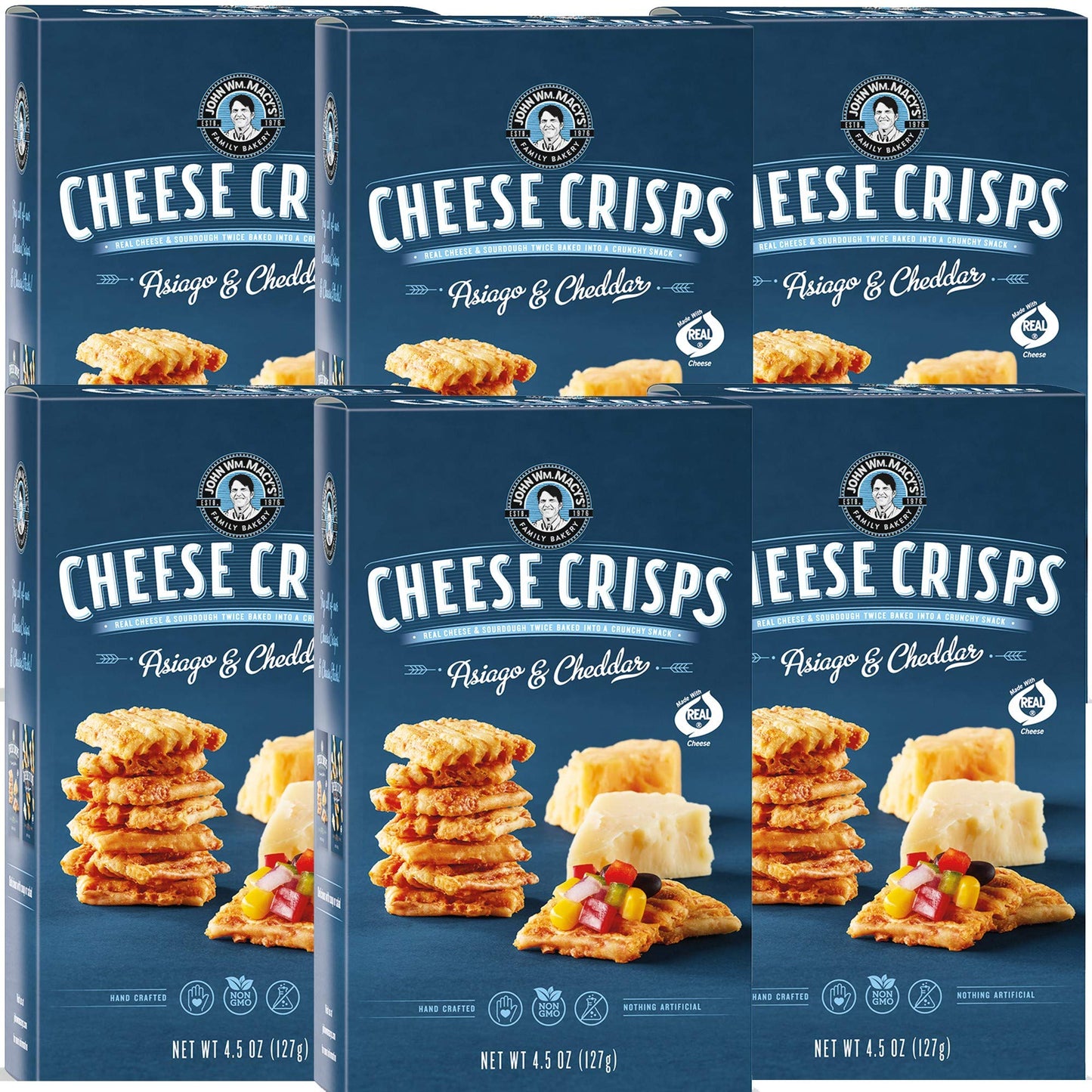 John Wm. Macy'S Cheesecrisps | Asiago & Cheddar | Twice Baked Sourdough Crackers Made With 100% Real Aged Cheese, Non Gmo, Nothi