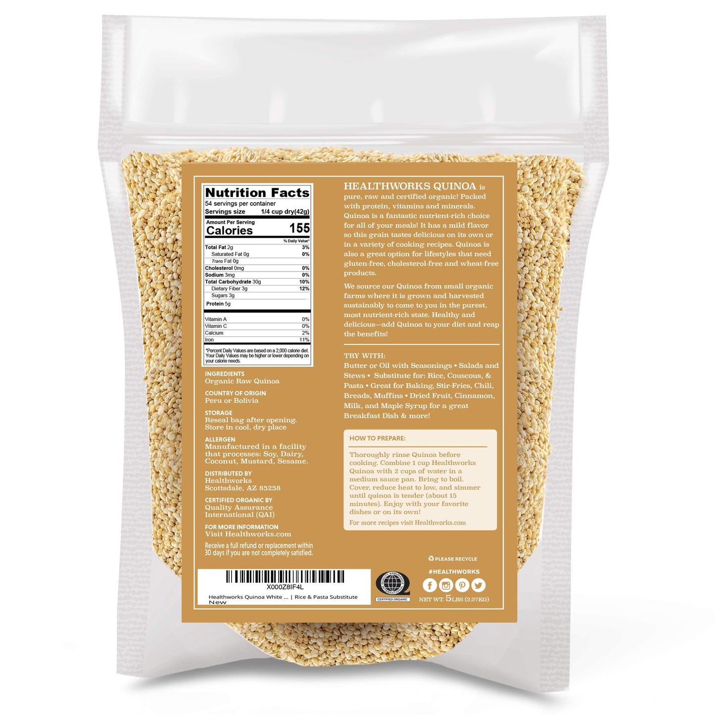 Healthworks Quinoa White Whole Grain Raw Organic (80 Ounces / 5 Pounds) | Protein, Fiber & Iron | Peruvian Origin | Rice & Pasta