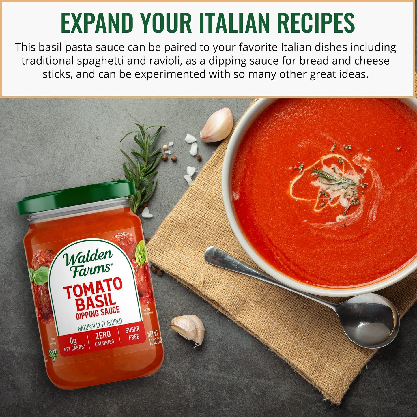 Walden Farms Tomato Basil Pasta Sauce - Zero Calorie, Sugar Free, Keto & No Carb Sauce for Pasta, Veggies & More - 2-Pack, 12 oz