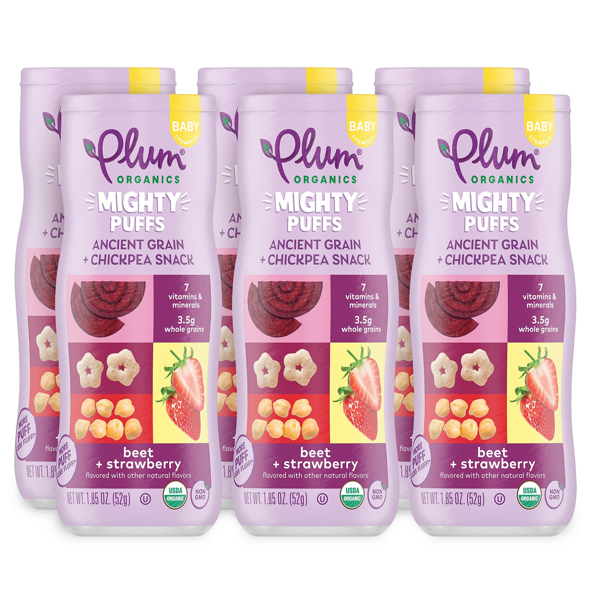 Plum Organics Mighty Puffs Organic Baby Food - Beet And Strawberry - 1.85 Oz Canister (Pack Of 6) - Ancient Grains And Chickpea 