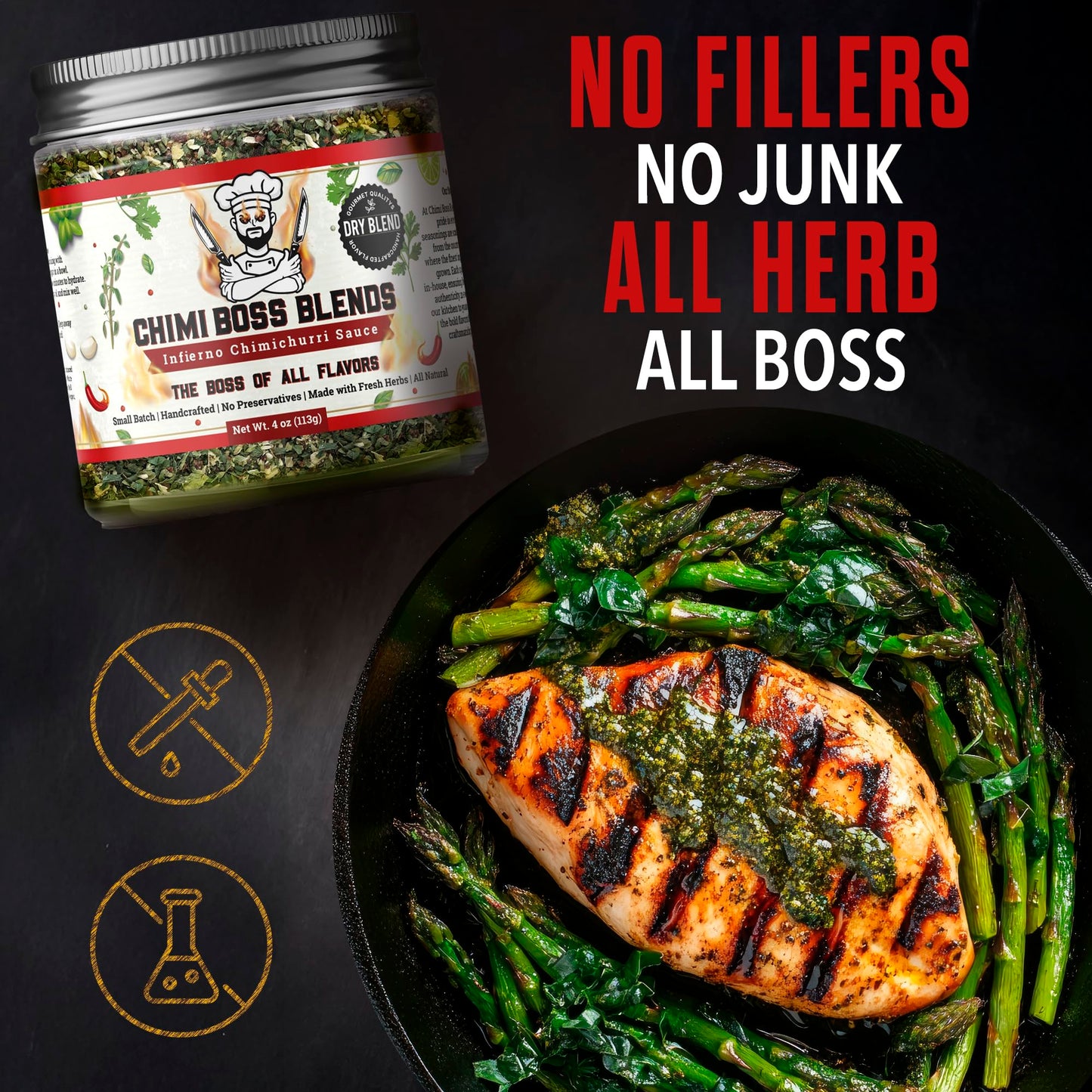 Chimi Boss Blends Infierno Chimichurri Dry Seasoning, 4 oz - Spicy Argentinian Herb & Chili Rub with Parsley, Garlic & Oregano -