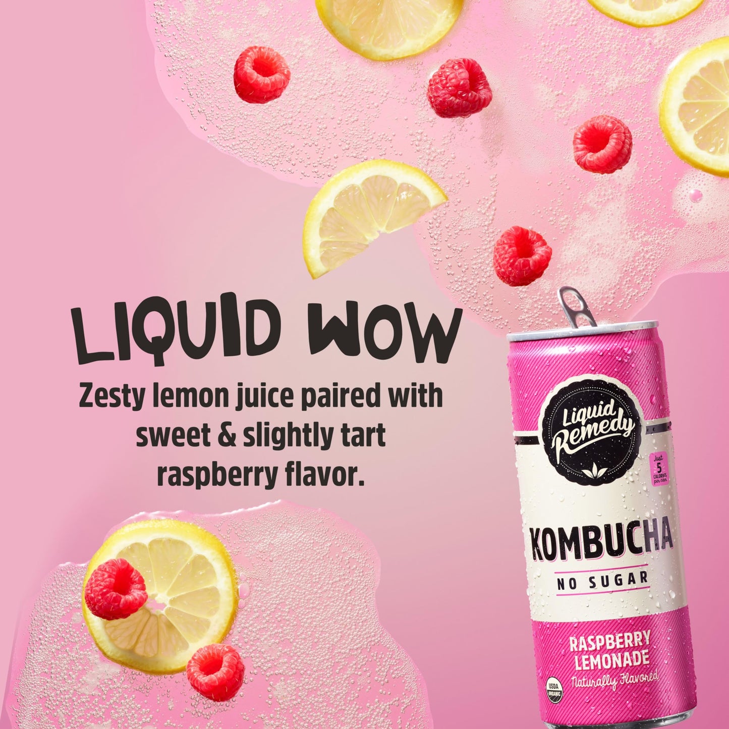 Liquid Remedy Kombucha Sugar Free Organic Drink, Low Calorie, Probiotic Like Tea For Gut Health - Raspberry Lemonade - 8.5 Fl Oz