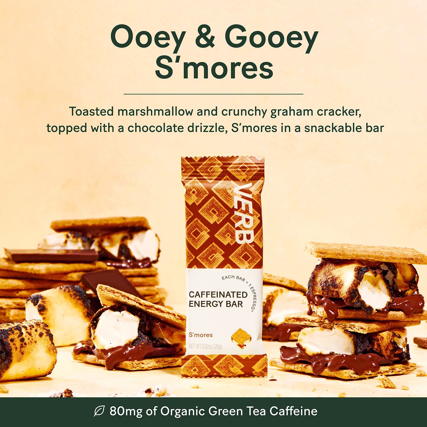 Verb Caffeinated Energy Bars Smores (26G, Pack Of 16) 110-Calorie Delicious Low Sugar Energy Bar - Vegan Gluten Free On-The Go Snack With 80Mg Green Tea Caffeine, Only Real-Food Ingredients