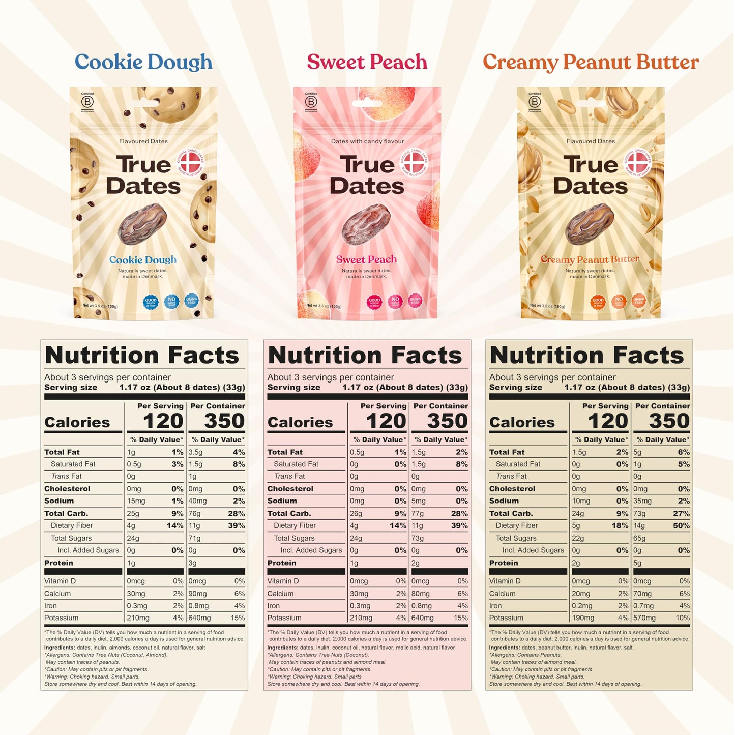 True Dates Sweet Flavor Variety - Vegan Candied Dates (Creamy Peanut Butter, Cookie Dough, Sweet Peach) - 3-3.5 Ounce Bags, No Added Sugar