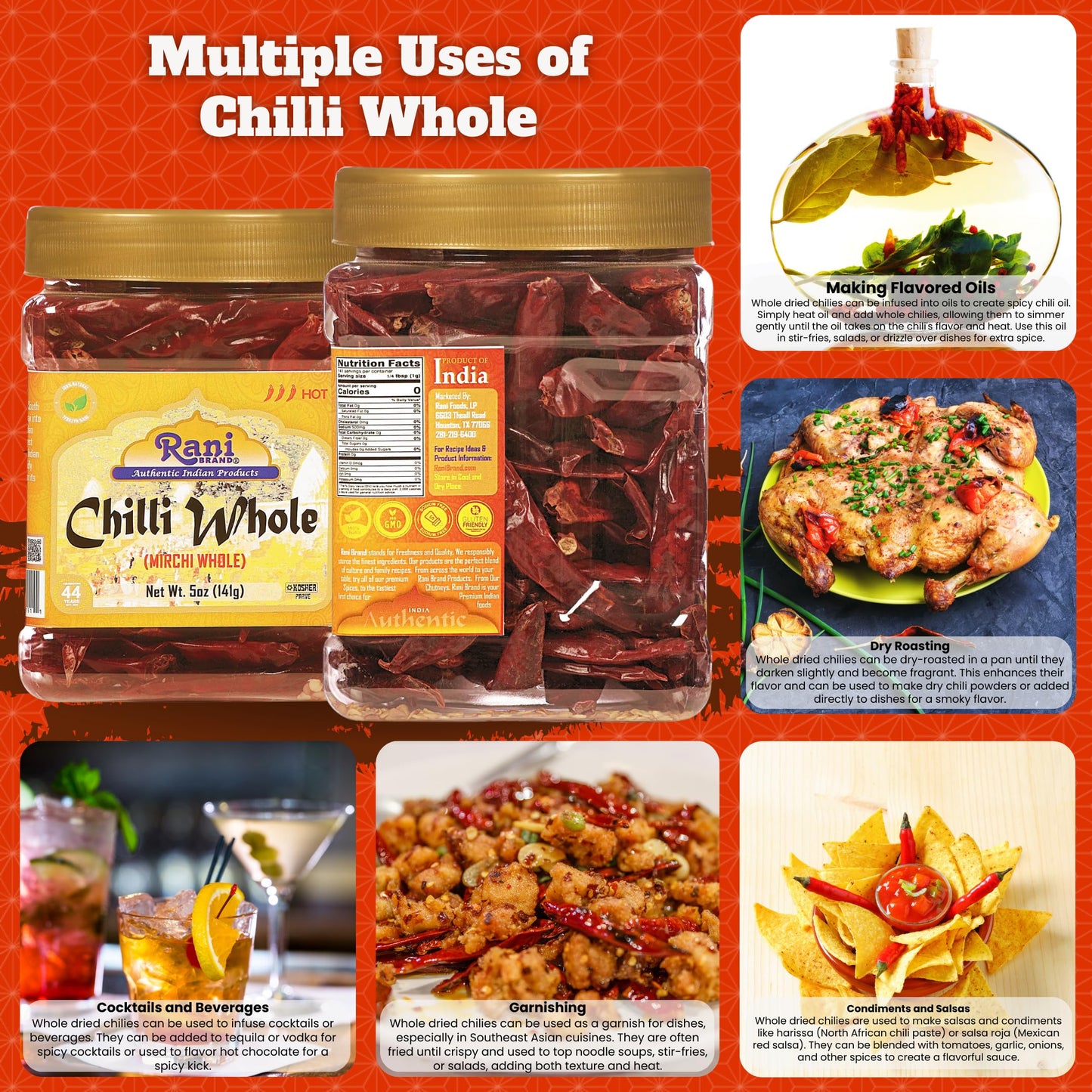 Rani Chilli Whole 5Oz (141G) Pet Jar ~ All Natural, Salt-Free | Vegan | No Colors | Gluten Friendly | Non-Gmo | Kosher | Indian