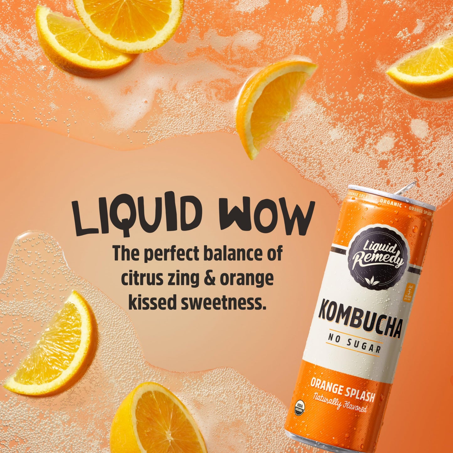 Liquid Remedy Kombucha Sugar Free Organic Drink  Low Calorie  Probiotic Like Tea for Gut Health - Orange Splash - 12 Fl Oz Can  4-Pack