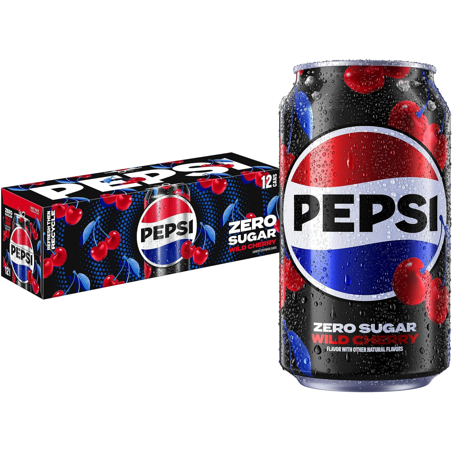 Pepsi Zero Sugar Cola Soda Pop, Wild Cherry, 12oz Cans (12 Pack)