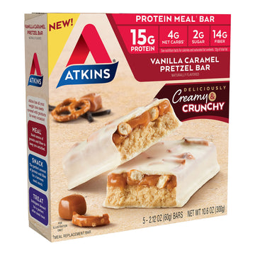 Atkins Vanilla Caramel Pretzel Protein Meal Bar, High Fiber, 2G Sugar, 4G Net Carbs, Meal Replacement, Keto Friendly, 5 Count