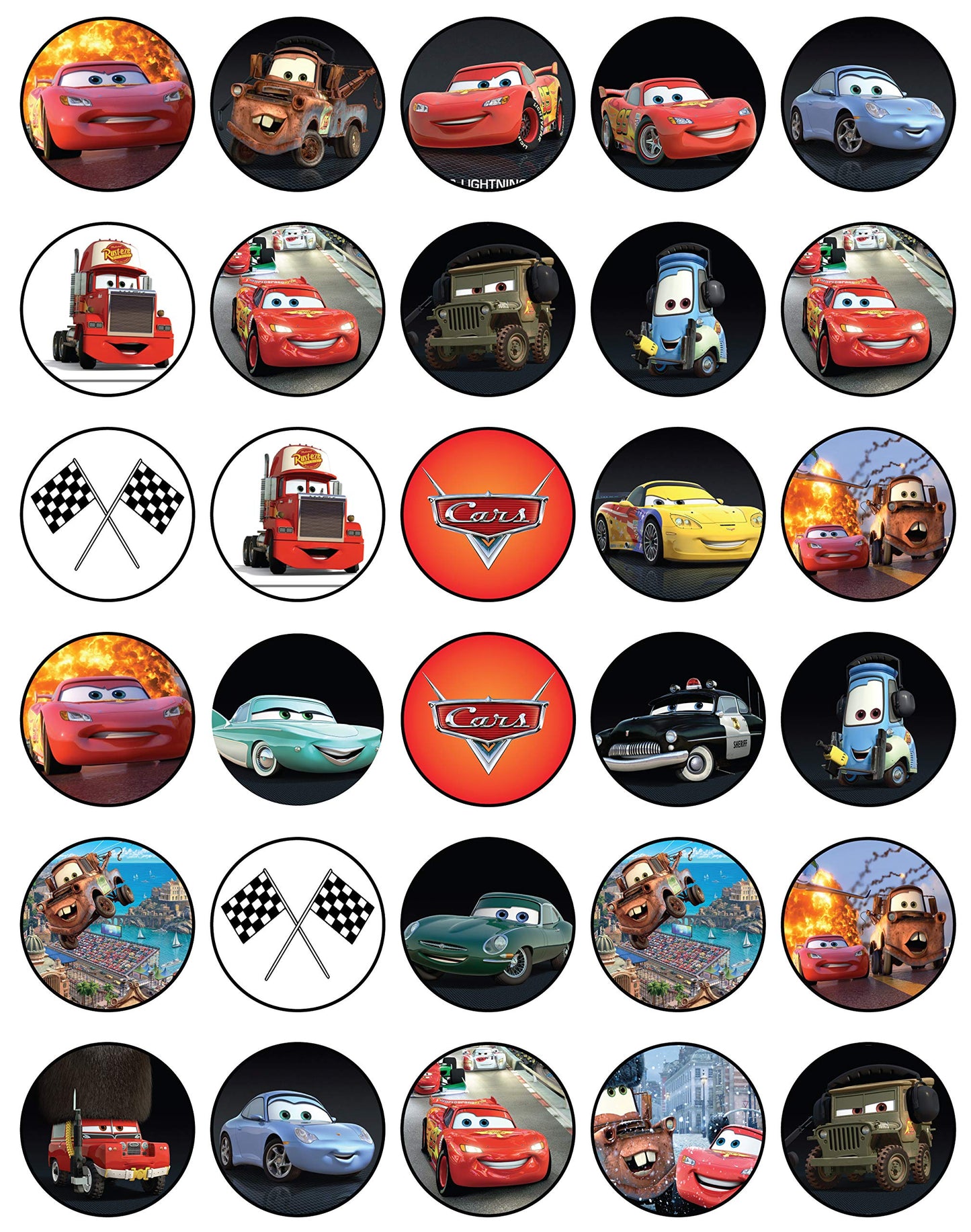 30 X Edible Cupcake Toppers - Cars Lightning Mcqueen Themed Collection Of Edible Cake Decorations | Uncut Edible On Wafer Sheet