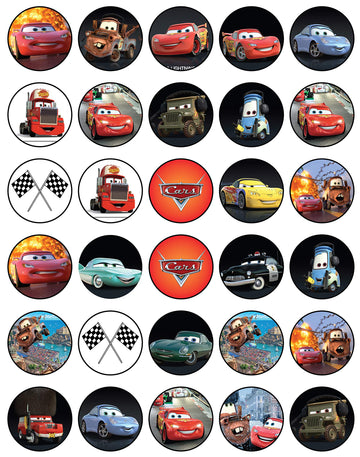 30 X Edible Cupcake Toppers - Cars Lightning Mcqueen Themed Collection Of Edible Cake Decorations | Uncut Edible On Wafer Sheet