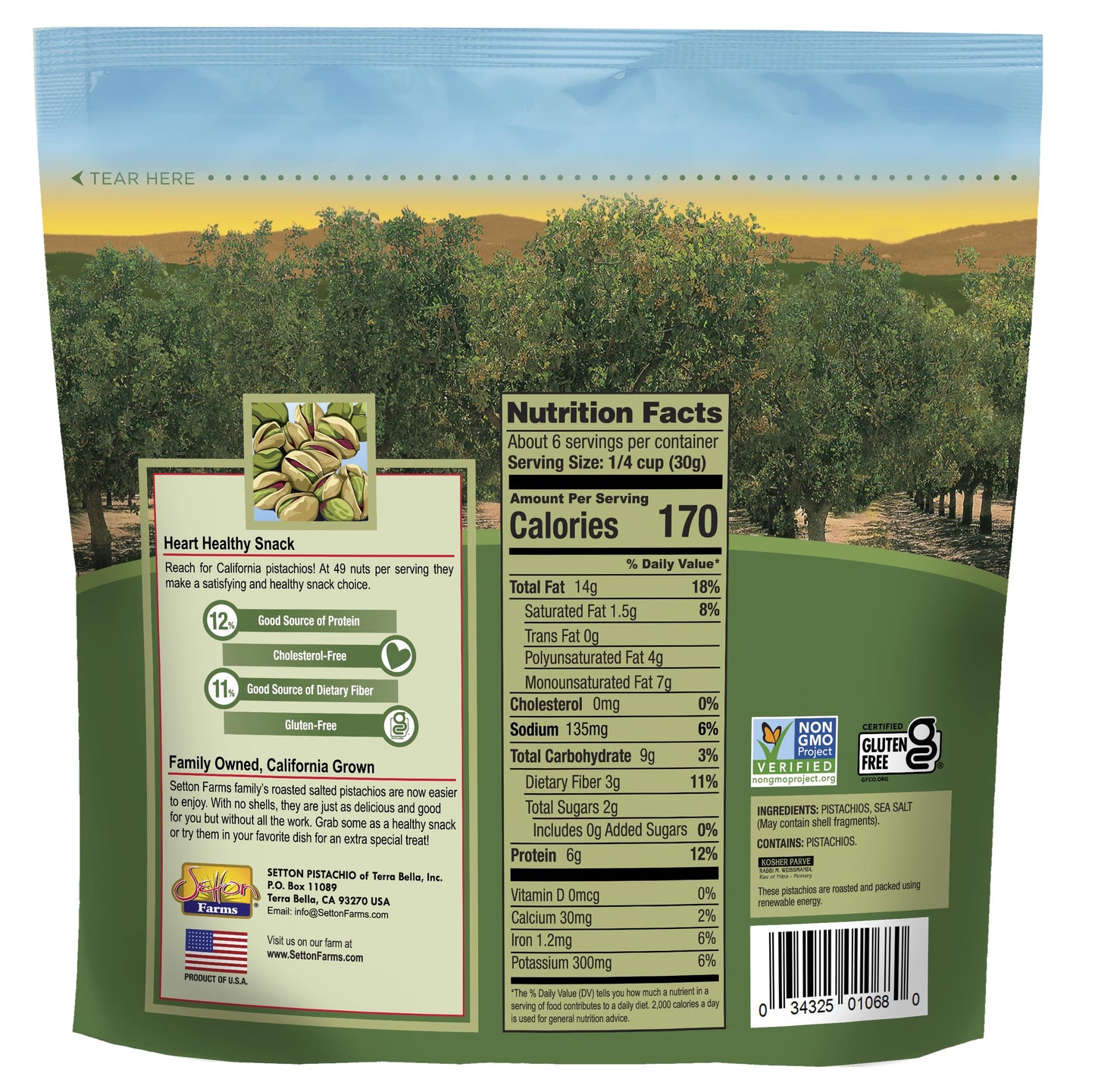 Setton Farms Roasted & Salted California Shelled Pistachios, 6 Oz Bag, Non-GMO, Gluten Free, Vegan, Kosher