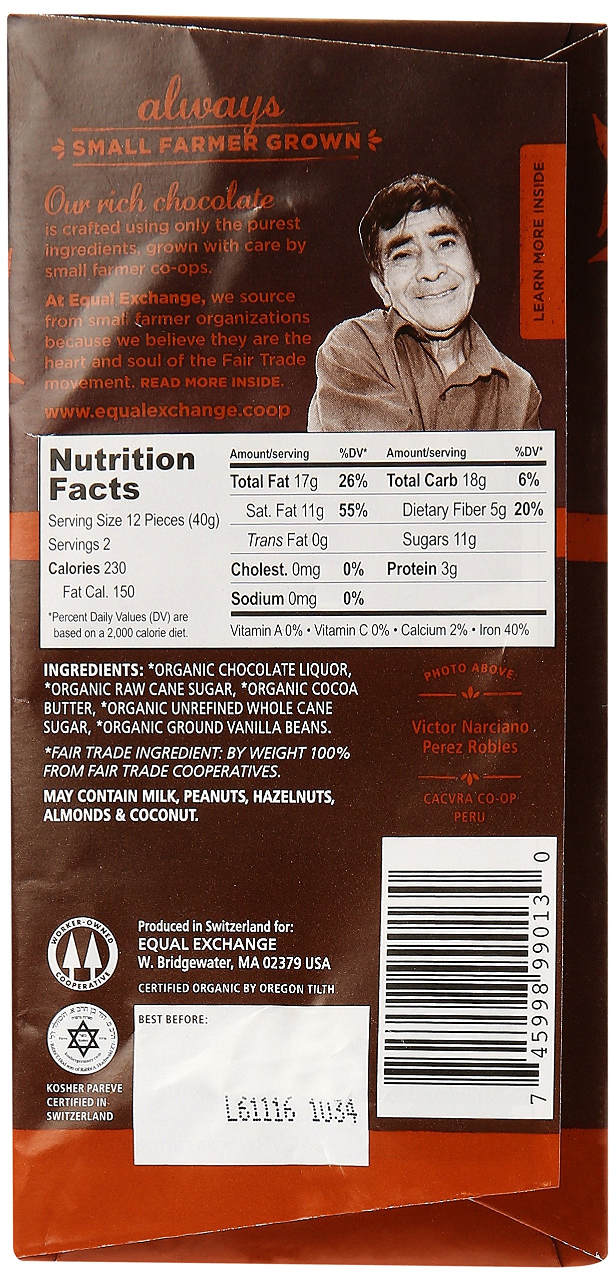 Equal Exchange Organic Chocolate Bar, Very Dark, 12 Count