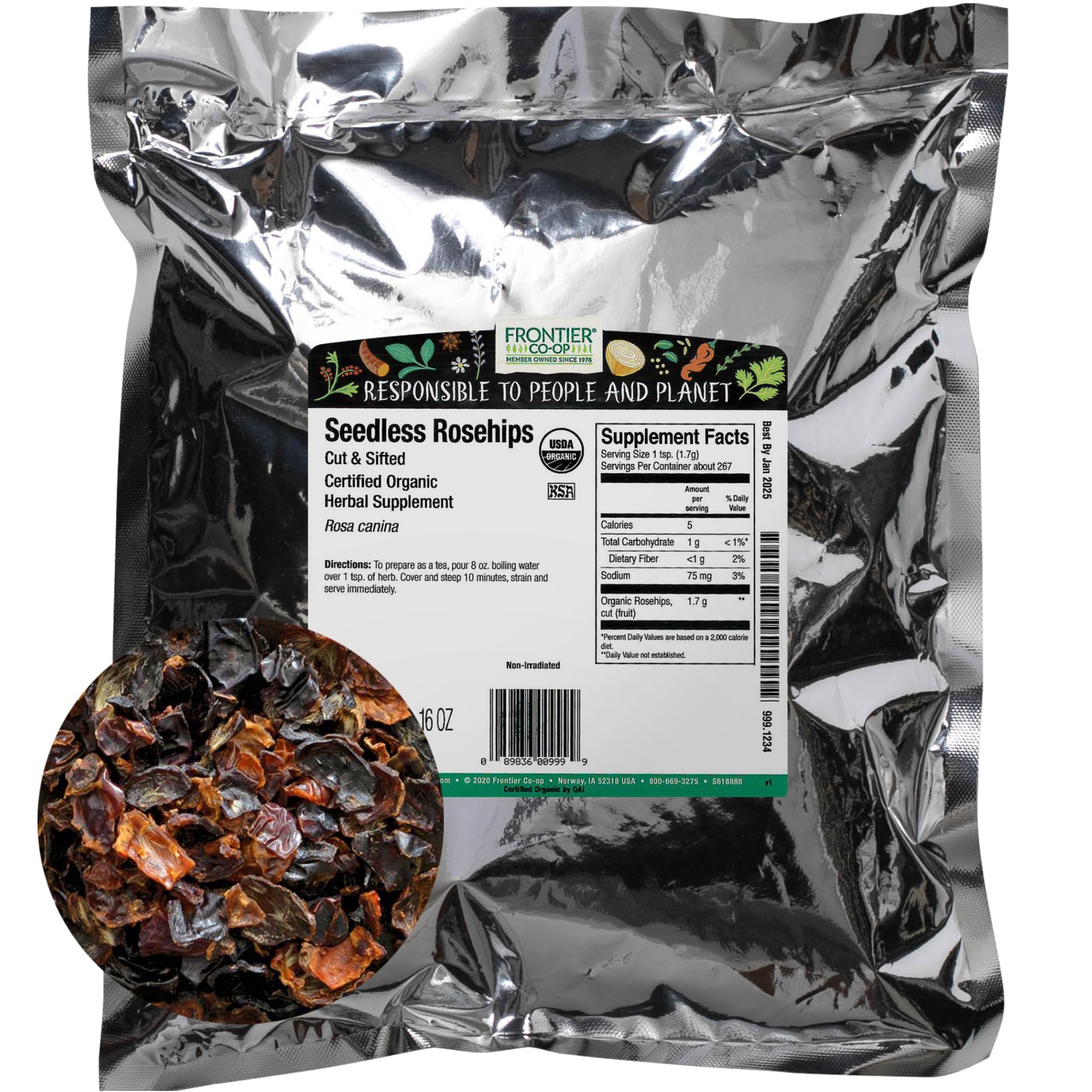 Frontier Co-Op Organic Seedless Rosehips, 3Lb Bulk Bag | 100% Natural Dried Rose Hips For Rosehip Tea Organic, Rosehip Powder, R