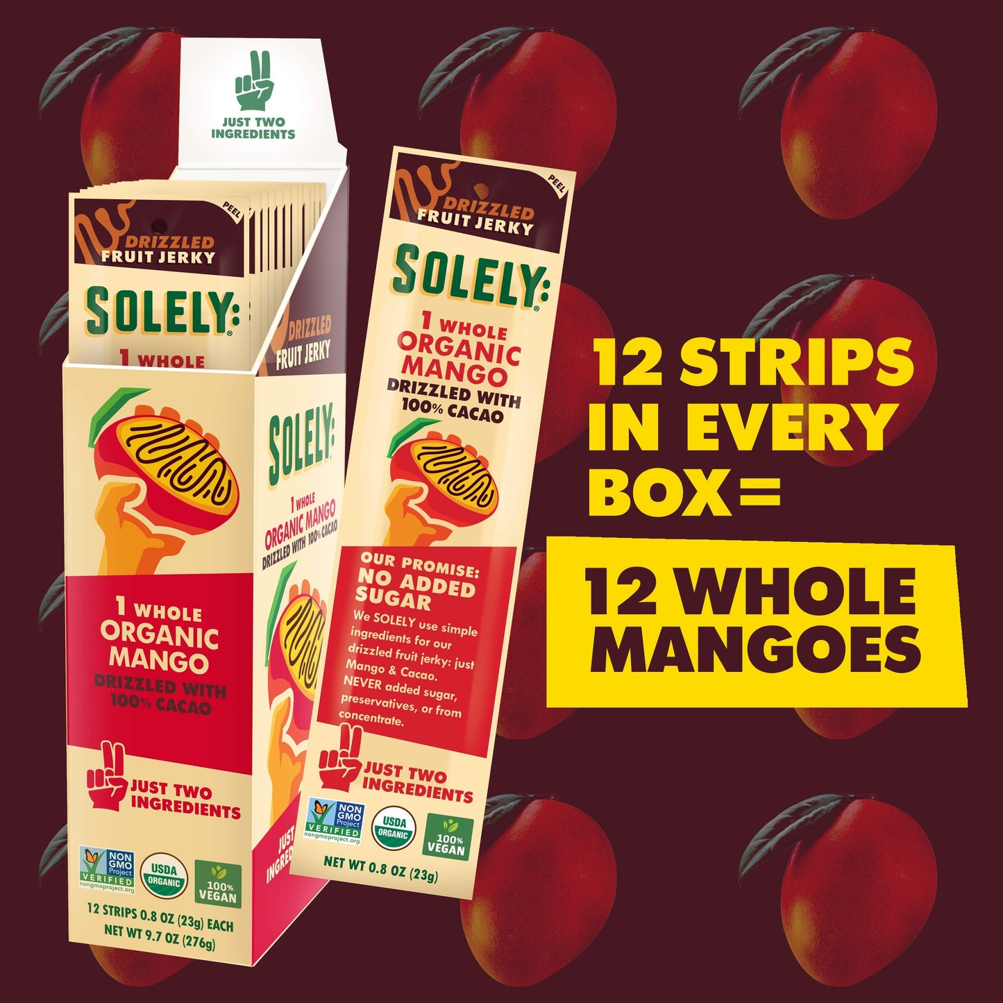 SOLELY - Organic Mango Chocolate Drizzled Fruit Jerky - 12 Individually Wrapped Strips - Fruit Leather Made from Dried Fruit - H