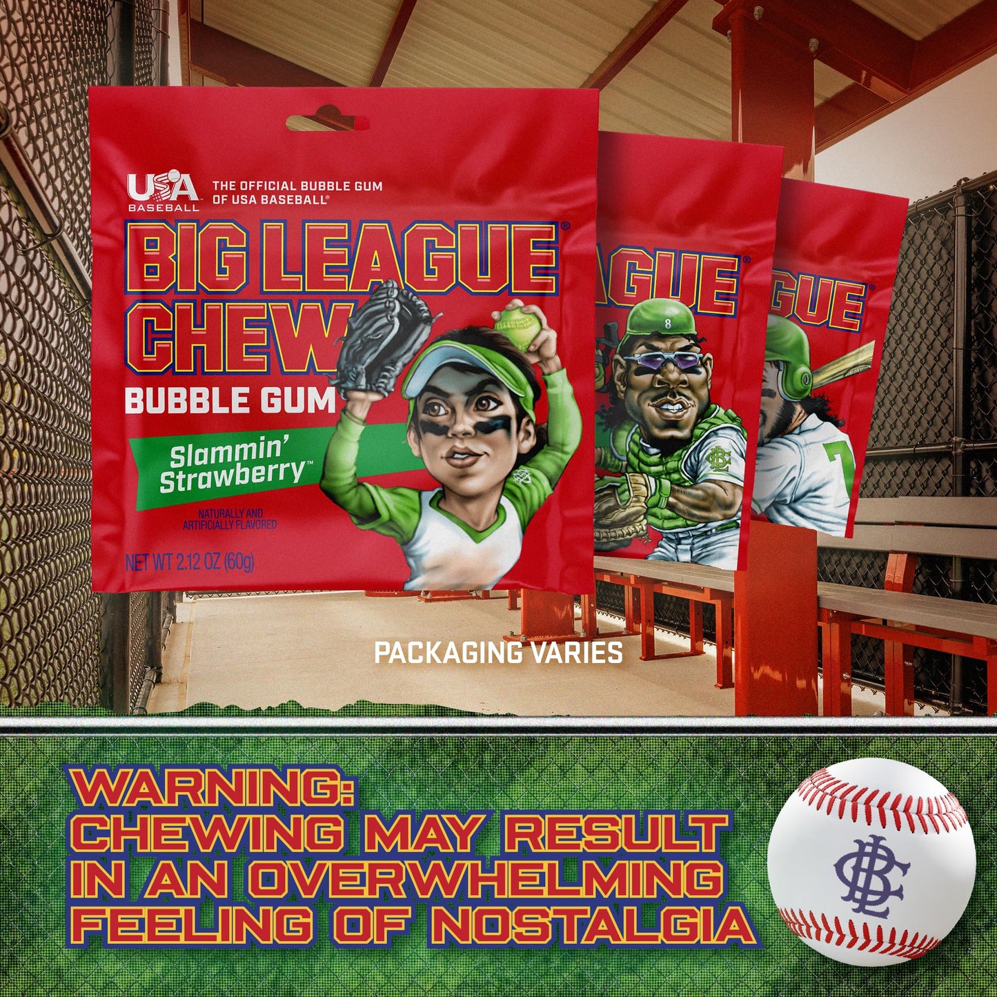Big League Chew Strawberry Bubble Gum 3-Pack - 2.12oz Packets - Baseball Candy for   & Party Favors