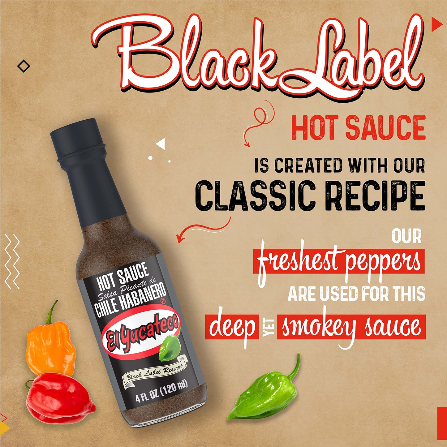 El Yucateco Black Label Reserve Habanero Sauce, 4 Oz., 6 Pack, 5,000 Average Scoville Units, Gluten Free, Sugar Free
