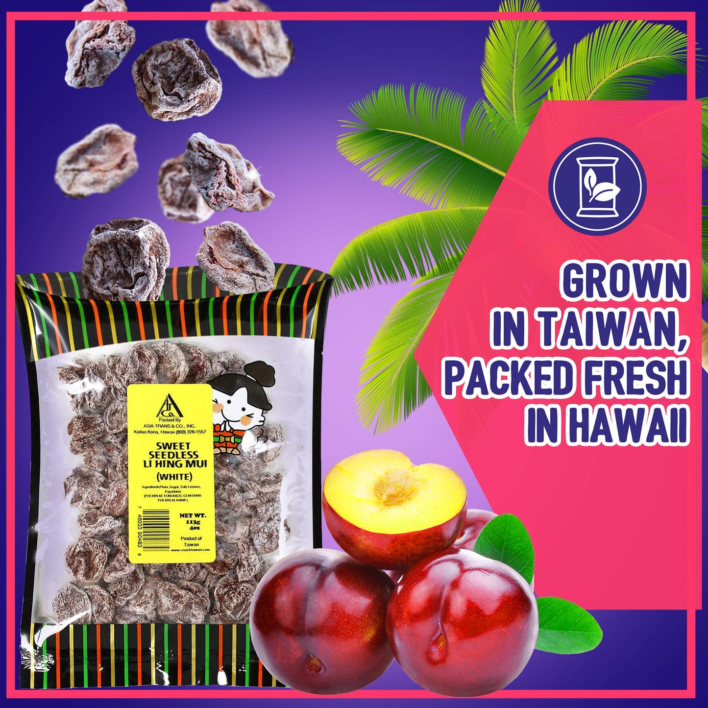Asia Trans & Co. Sweet Seedless Li Hing Mui   Seed Plums - Naturally Sweet Dried Asian Plum Candy, 4 oz