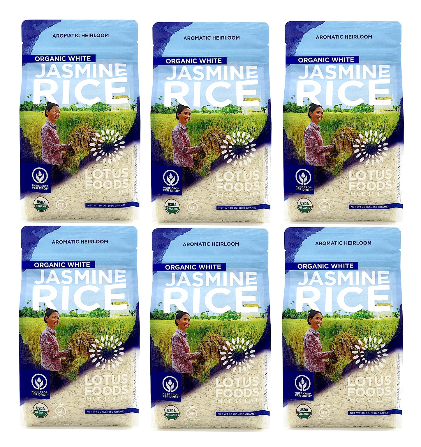 Lotus Foods Organic White Jasmine Rice - Jasmine Rice, Gluten Free White Rice, Organic Rice, Long Grain Asian Sticky Rice, Usda Organic, Vegan, Gluten Free - 30 Oz (Pack Of 6)