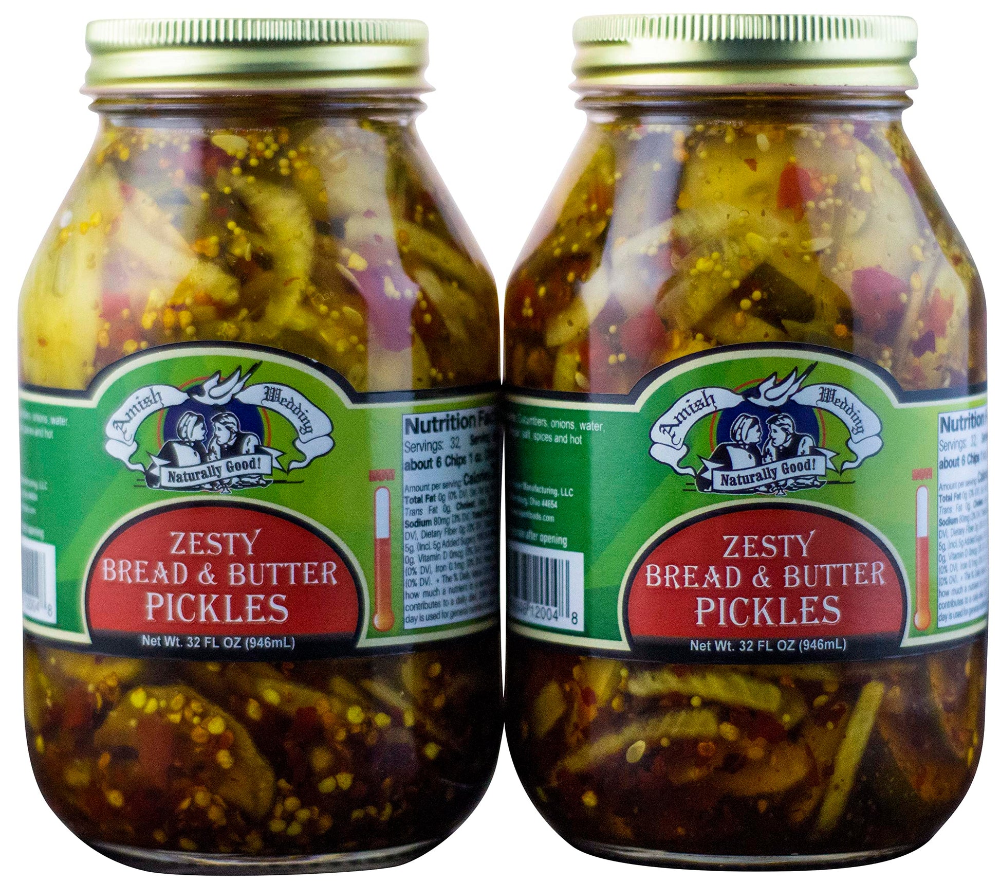 Amish Wedding Foods Bread & Butter Pickles, TWO 32 oz. Quart Jars (Zesty Bread & Butter)