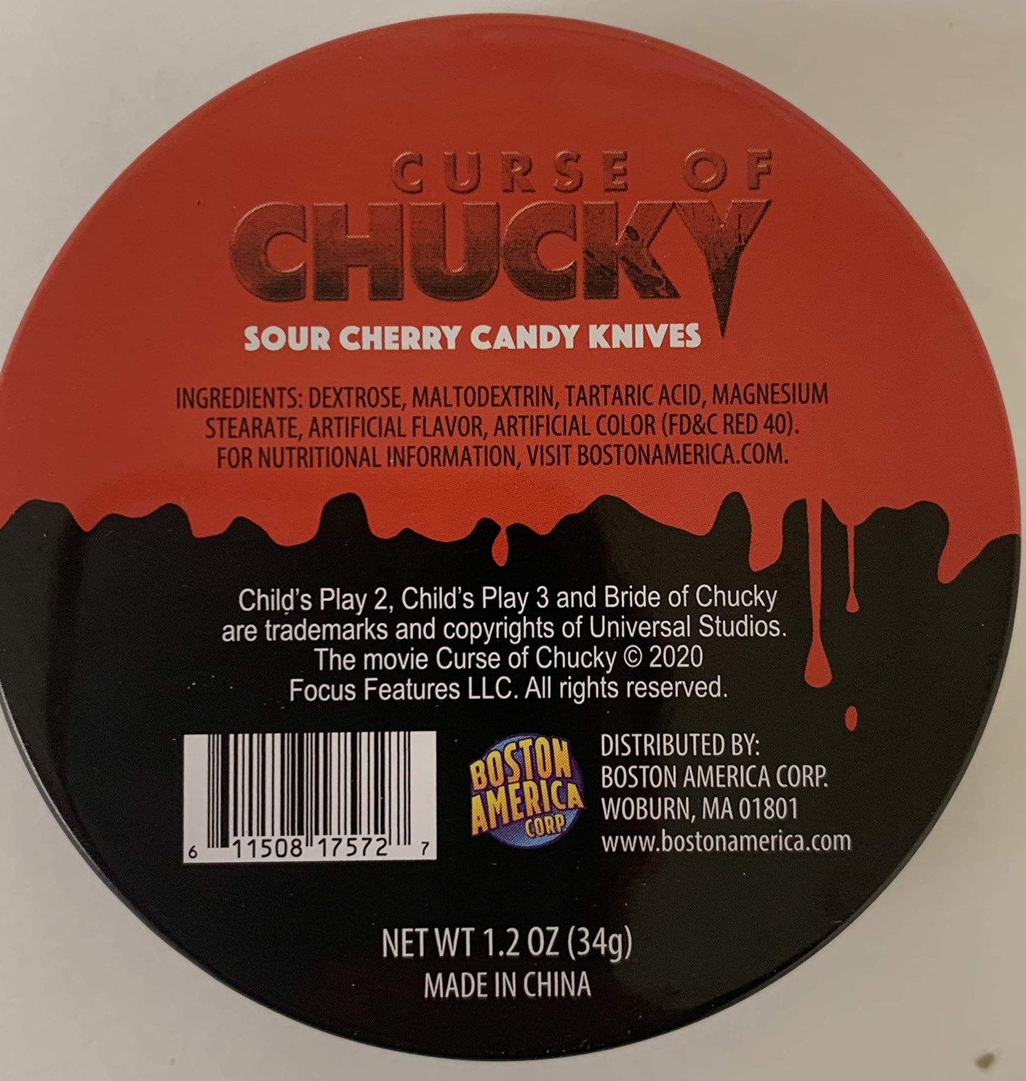 Boston America Childs Play Chucky Sour Cherry Candy cutting too - 1.2 Ounce Collectible Tin