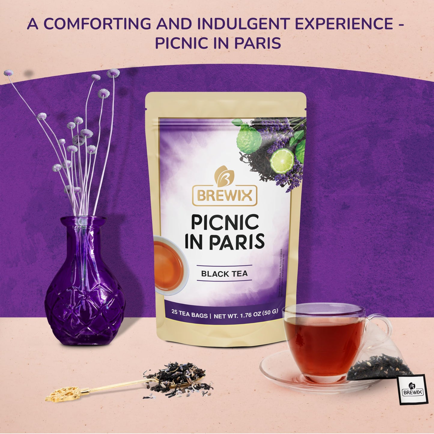 Brewix, Earl Grey With Lavender Tea, Picnic In Paris Black Tea (25 Pyramid Tea Bags) | Black Tea With Bergamot, Lavender And Van