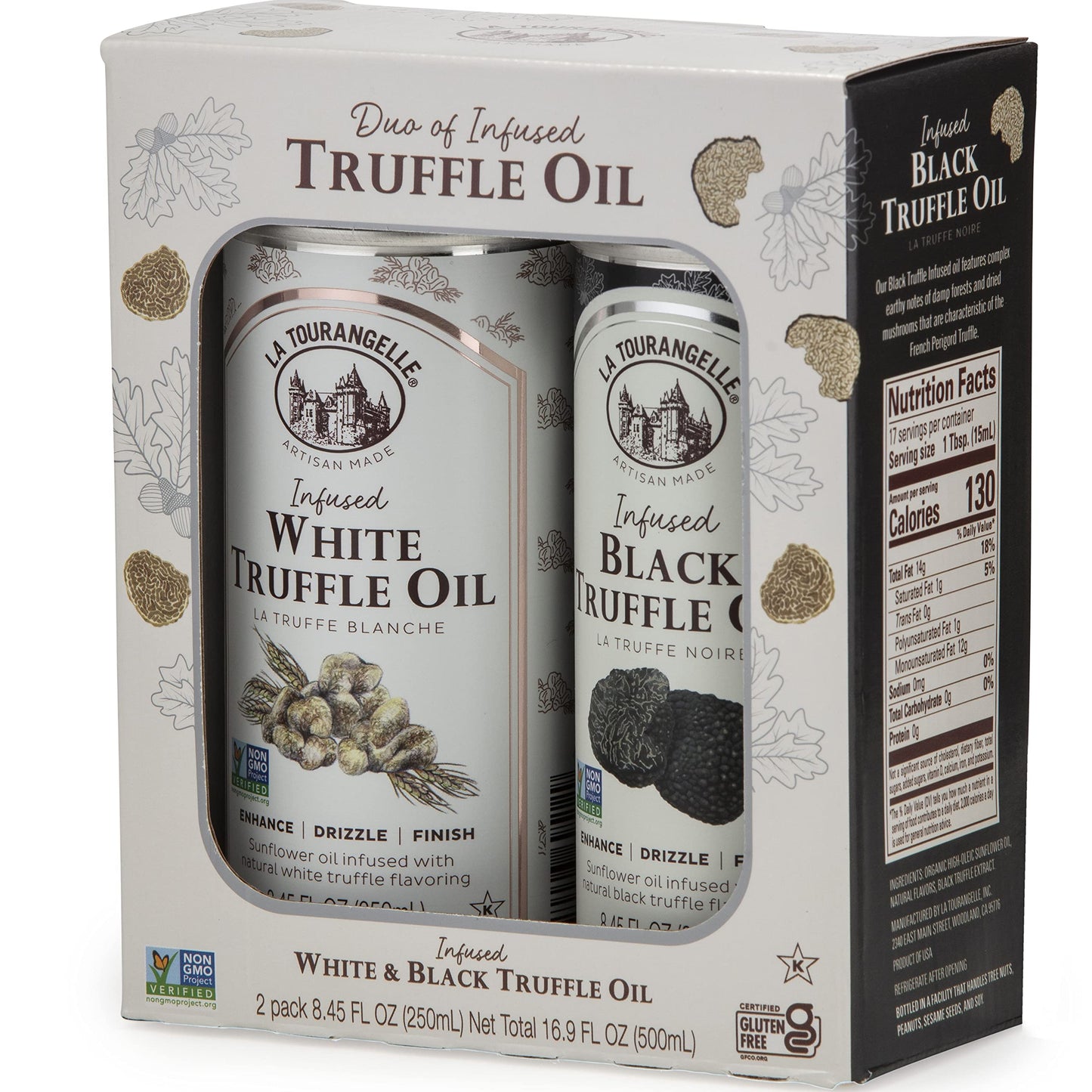 La Tourangelle White Truffle Oil & Black Truffle Oil Set, Complex Gourmet Earthy Flavor For Drizzling Over Pasta, Popcorn, Vegetables, Potatoes, Soup And More, Gift Box, 8.45 Fl Oz Each (Set Of 2)
