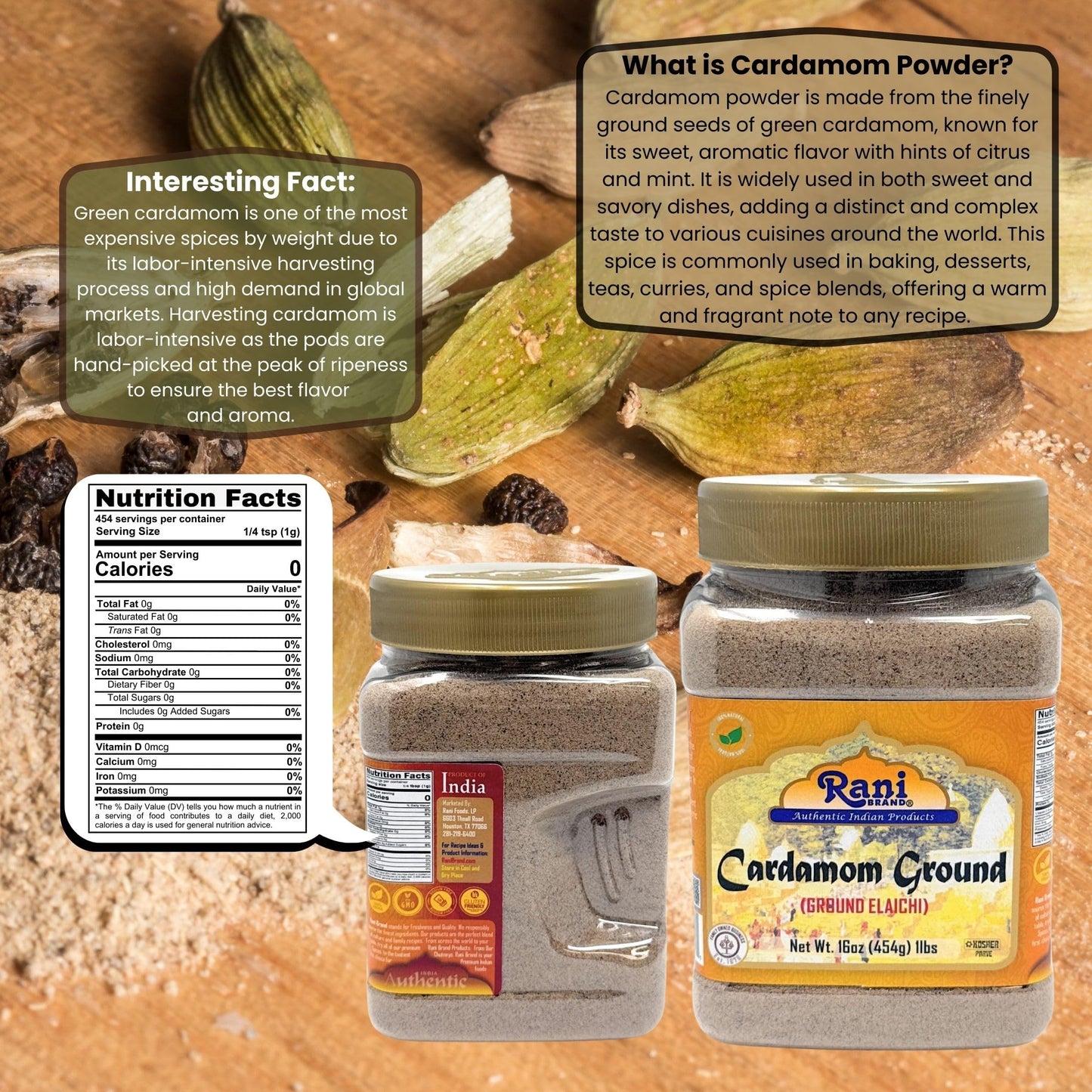 Rani Cardamom (Elachi) Ground, Powder Indian Spice 16Oz (1Lb) 454G Pet Jar ~ All Natural | No Color Added | Gluten Friendly | Ve
