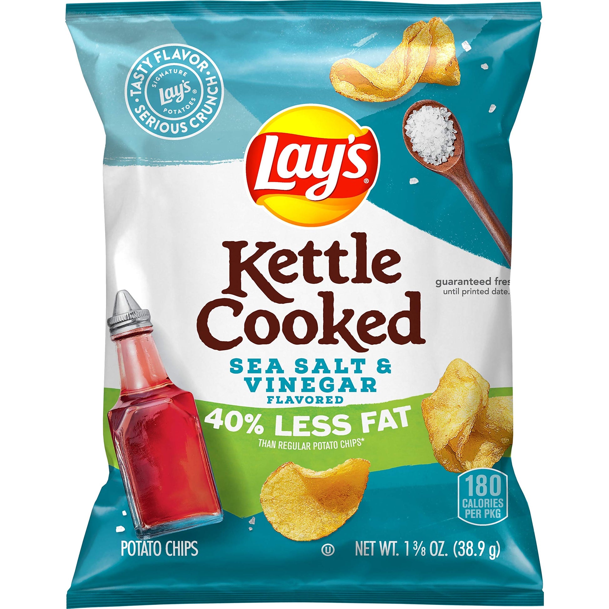 Lay'S Kettle Cooked Potato Chips, 40% Less Fat Salt & Vinegar, 1.375 Ounce (Pack Of 64)
